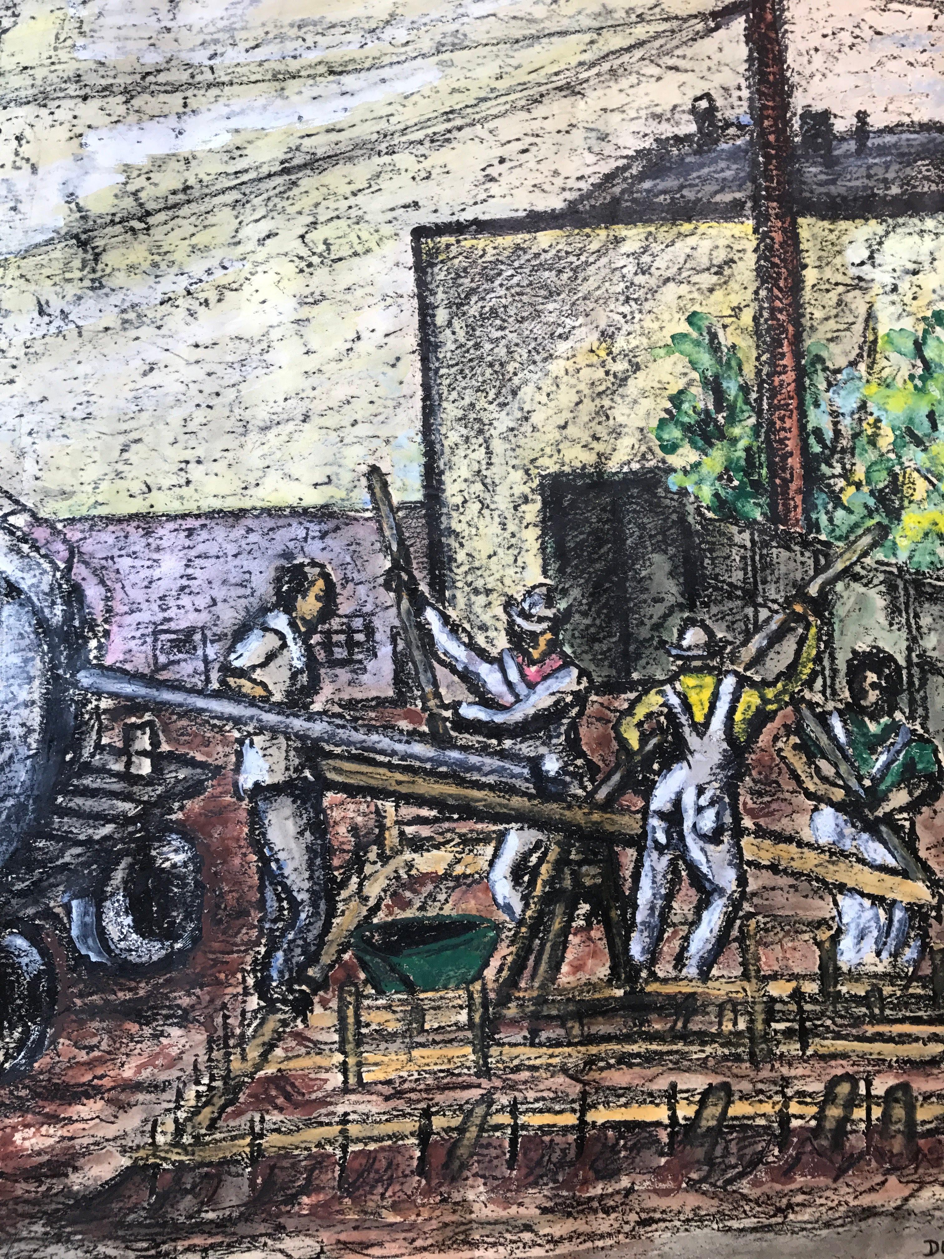 Original Pastell-Aquarell-Zeichnung Konstruktionsarbeiten SF, Rot, Grün, Schwarz, 1964 – Art von Gloria Dudfield