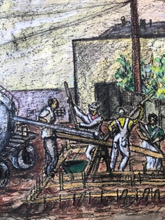 1964 Original Pastel Watercolor Drawing Construction Workers SF Red Green Black