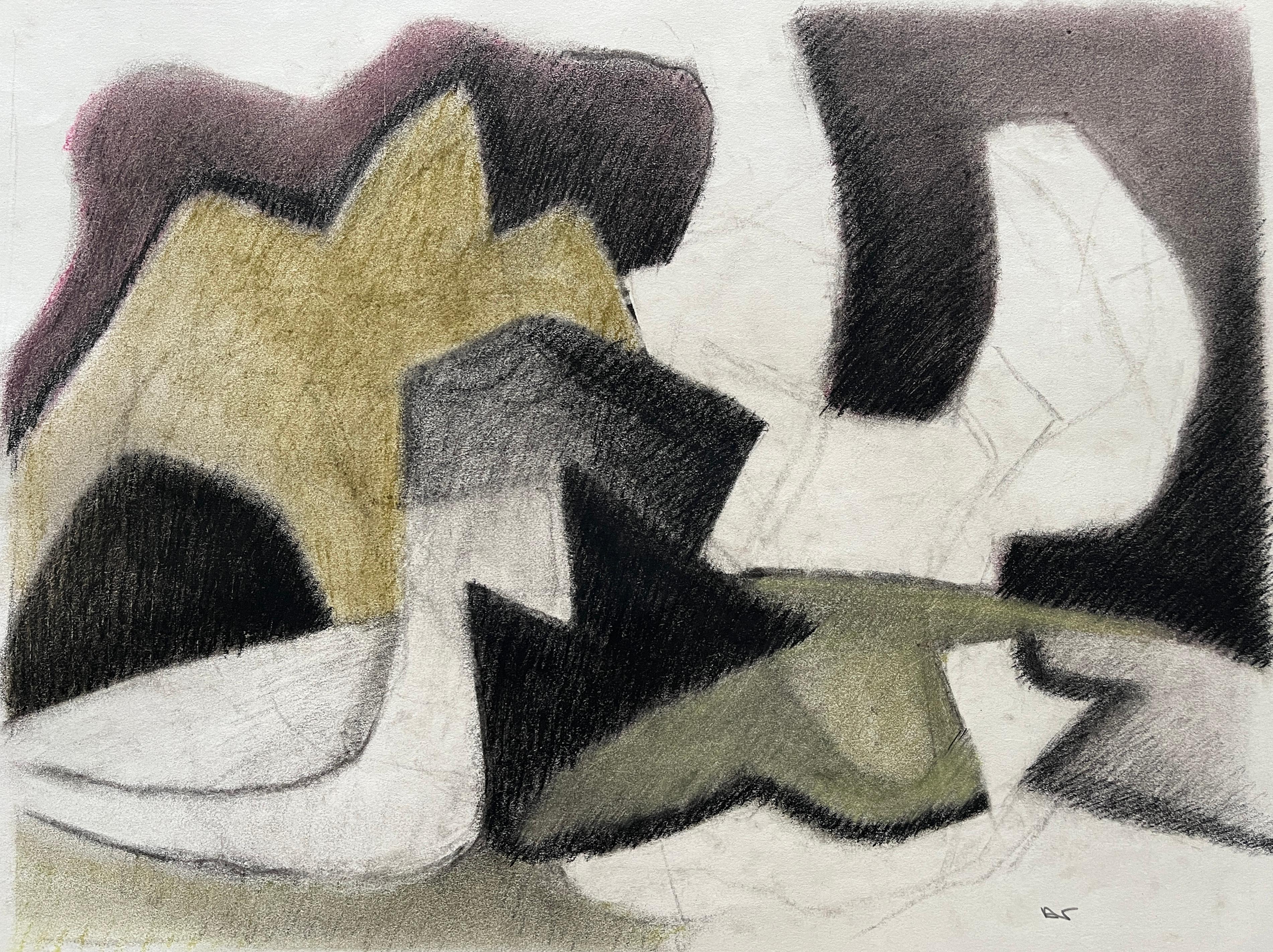 Dessin abstrait au pastel doux des années 1980 "Olive Green and Black" (vert olive et noir) - Mixed Media Art de D. Tongen