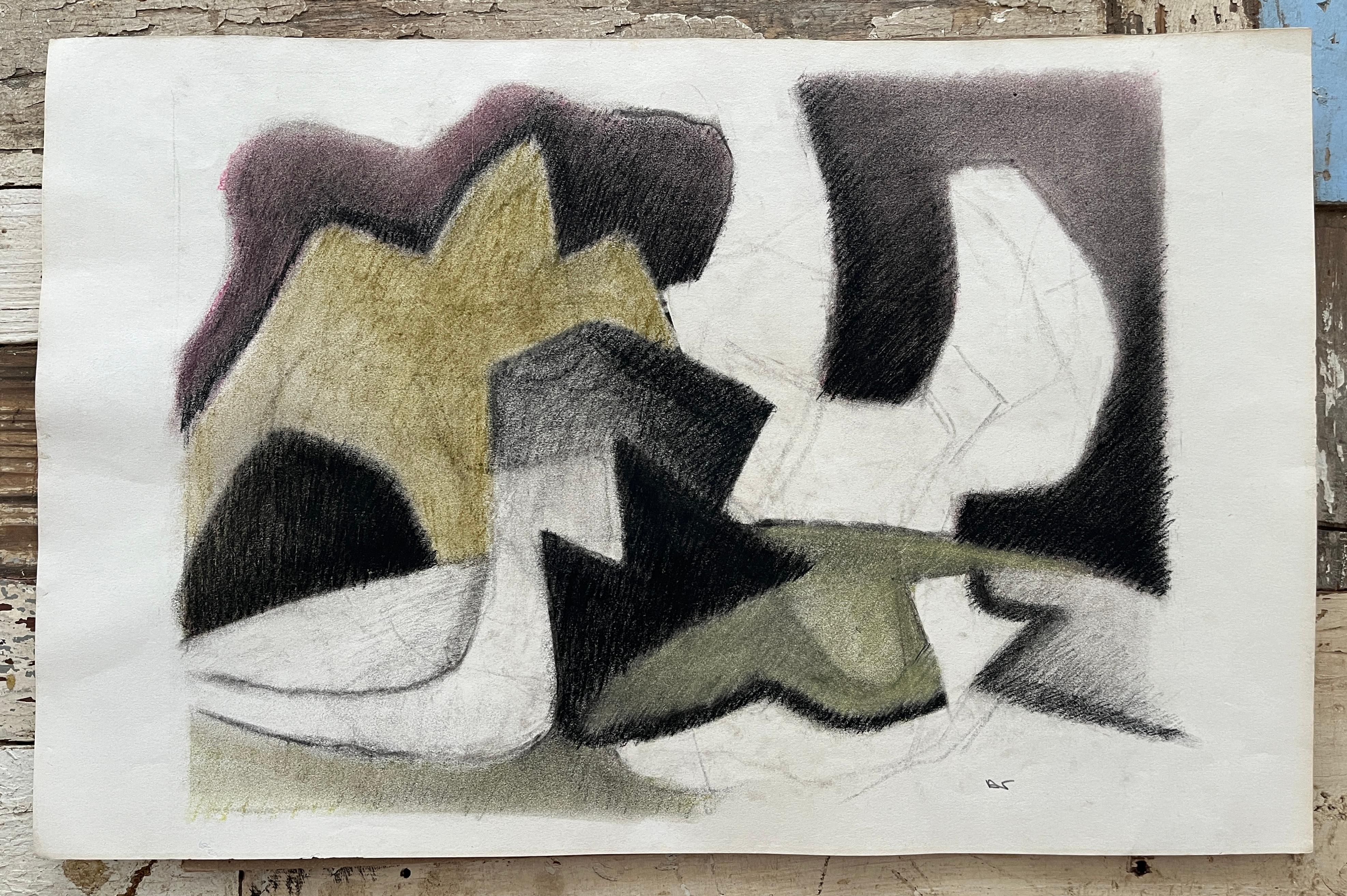 Abstrakte Zeichnung „Olive Green and Black“ in weichem Pastell, 1980er Jahre (Geometrische Abstraktion), Mixed Media Art, von D. Tongen