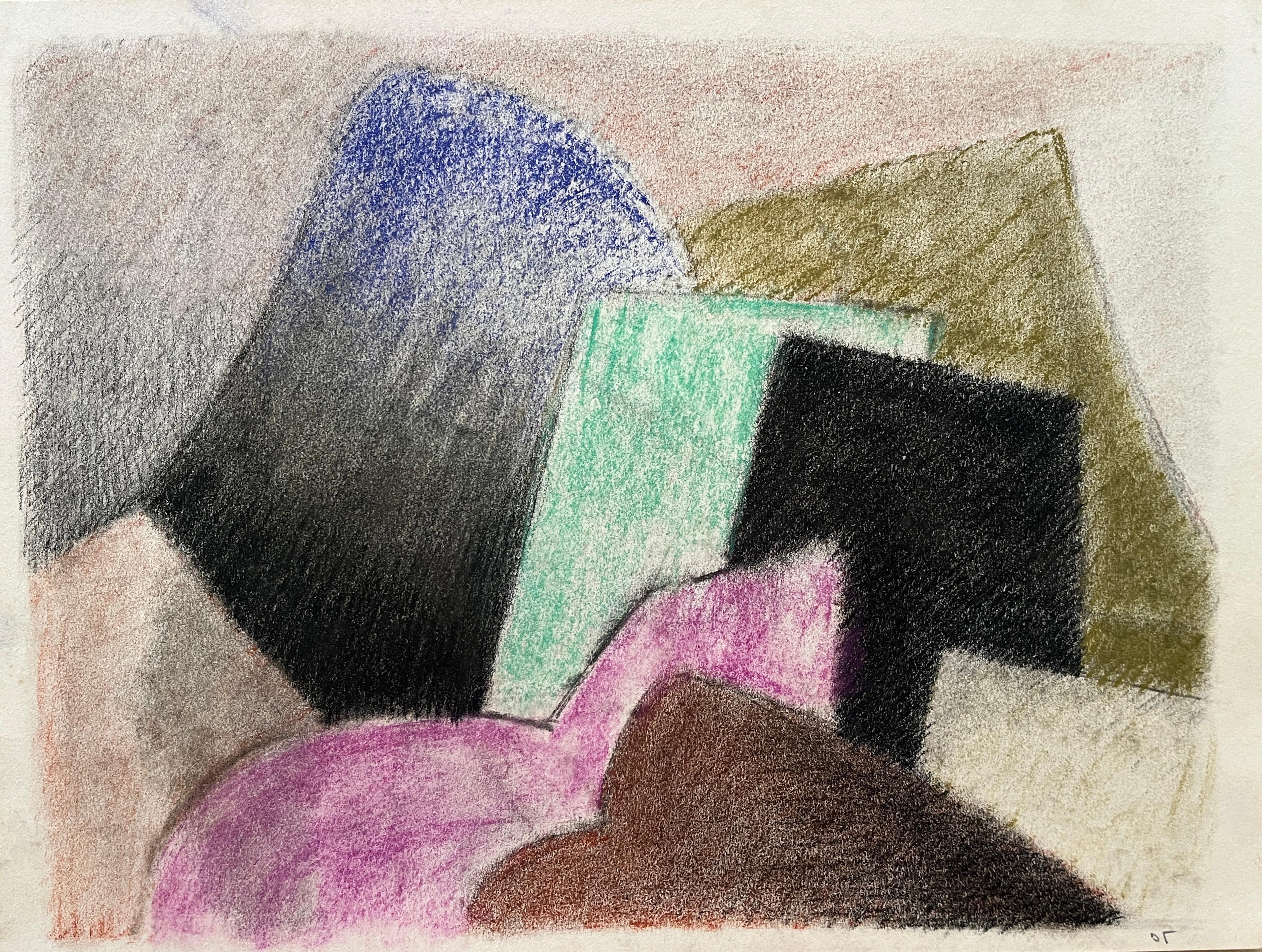 Dessin abstrait cubiste des années 1980 "Rose, bleu, menthe, noir" au pastel doux