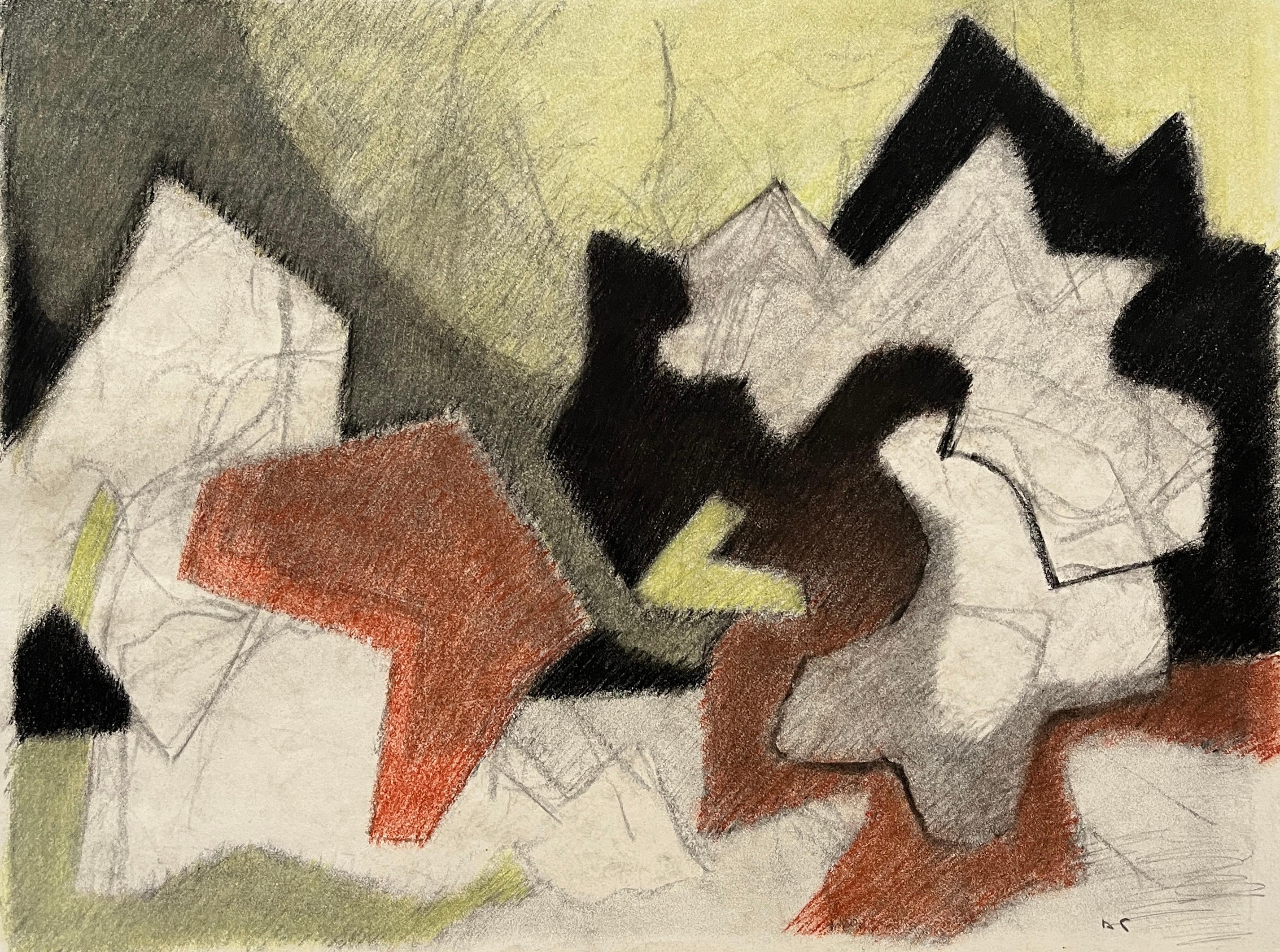 Abstract Drawing D. Tongen - Dessin abstrait au pastel doux "Jaune et noir" des années 1980