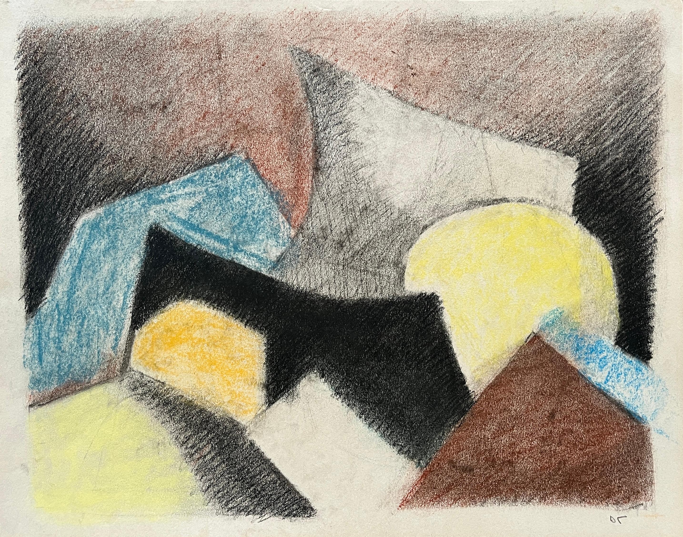 1980's Cubist "Gelb, Blau, Schwarz" Soft Pastell abstrakte Zeichnung – Mixed Media Art von D. Tongen