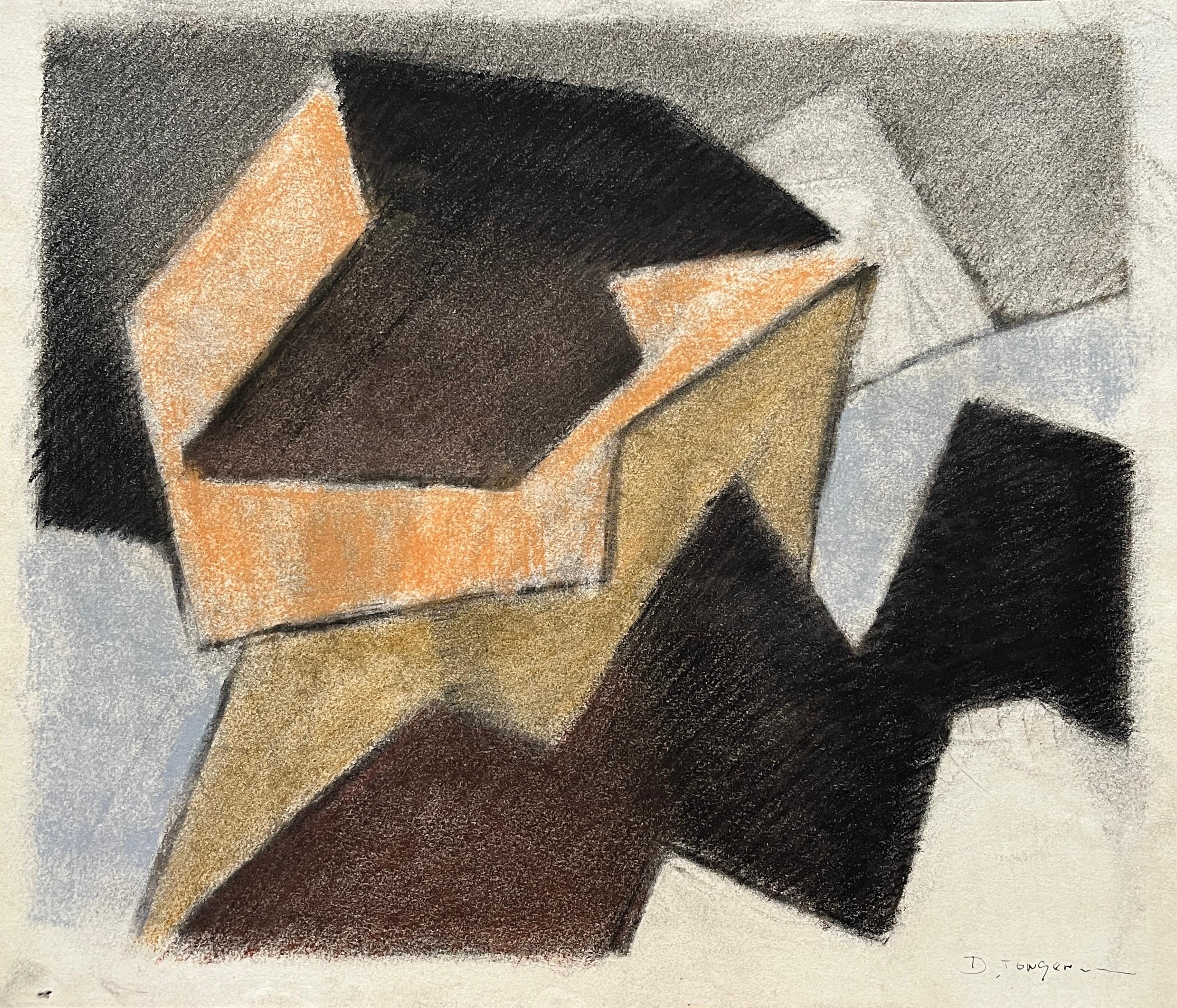 Abstract Drawing D. Tongen - Dessin abstrait cubiste "Orange, Brown, Black" au pastel doux datant des années 1980