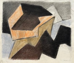 Dessin abstrait cubiste "Orange, Brown, Black" au pastel doux datant des années 1980