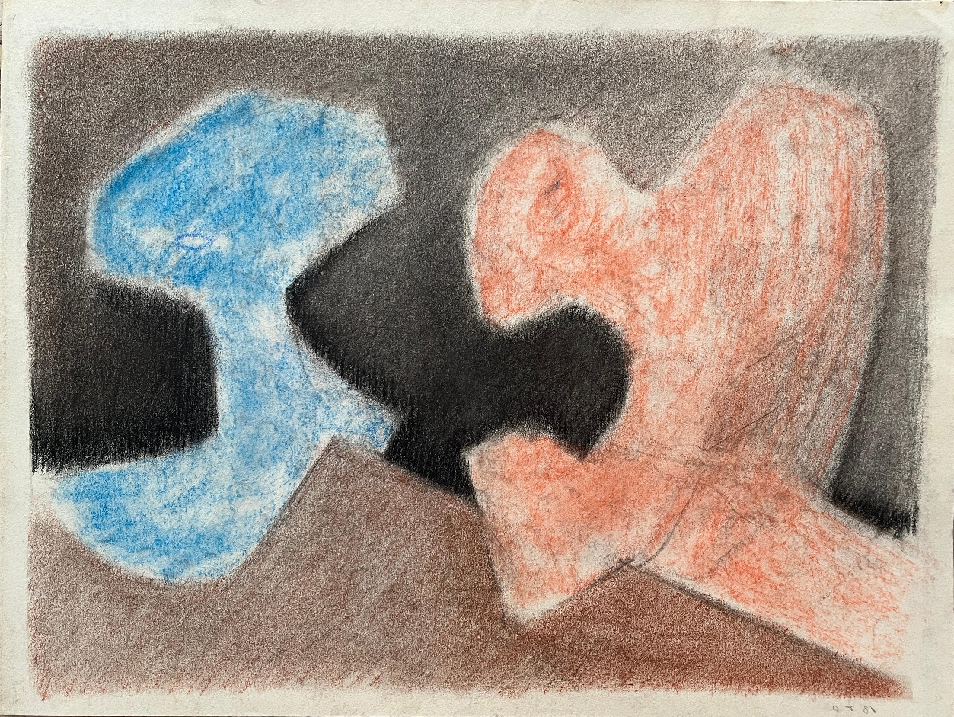 Dessin abstrait au pastel doux orange et bleu, 1981