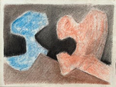 Dessin abstrait au pastel doux orange et bleu, 1981