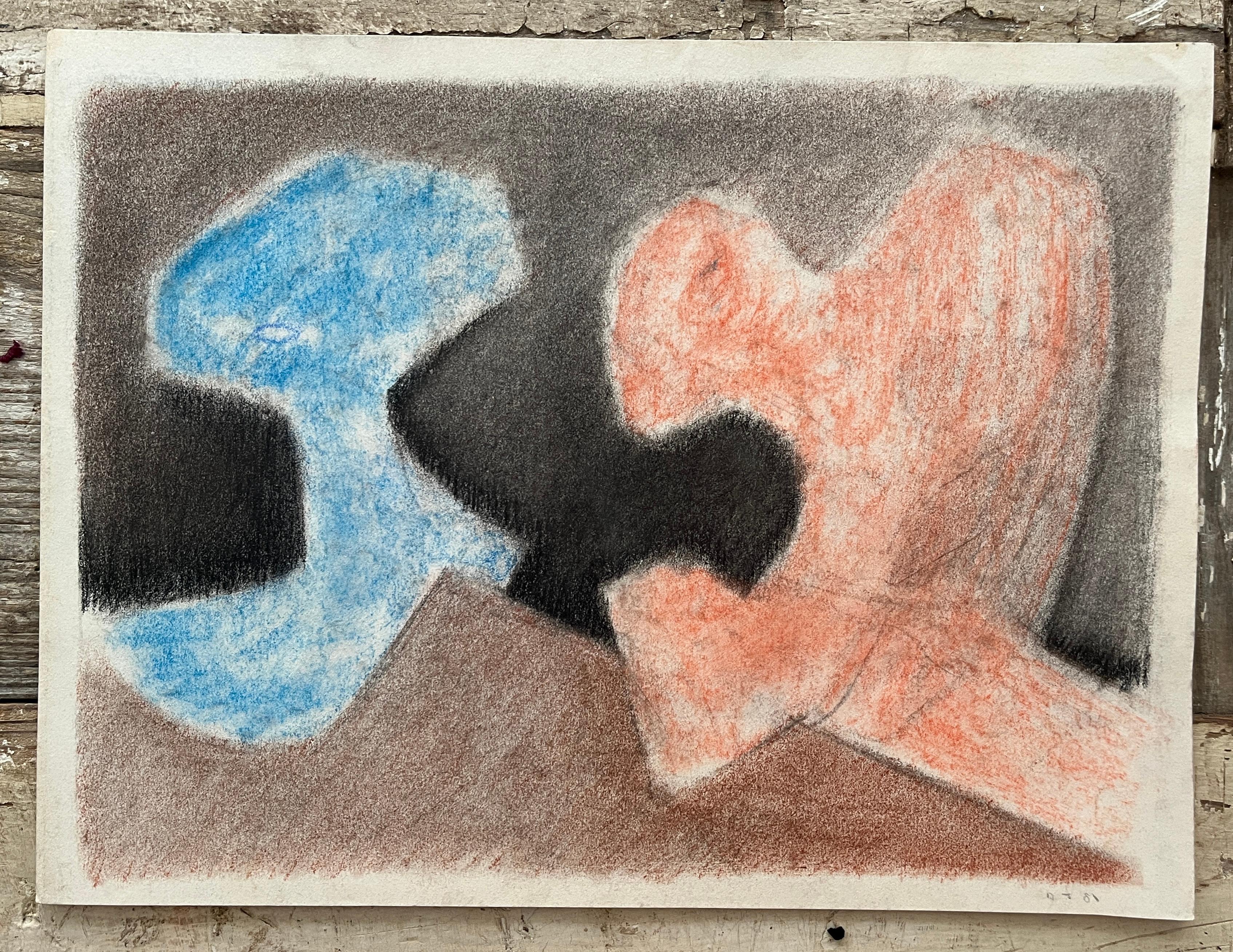 Dessin abstrait au pastel doux orange et bleu, 1981 - Art de D. Tongen