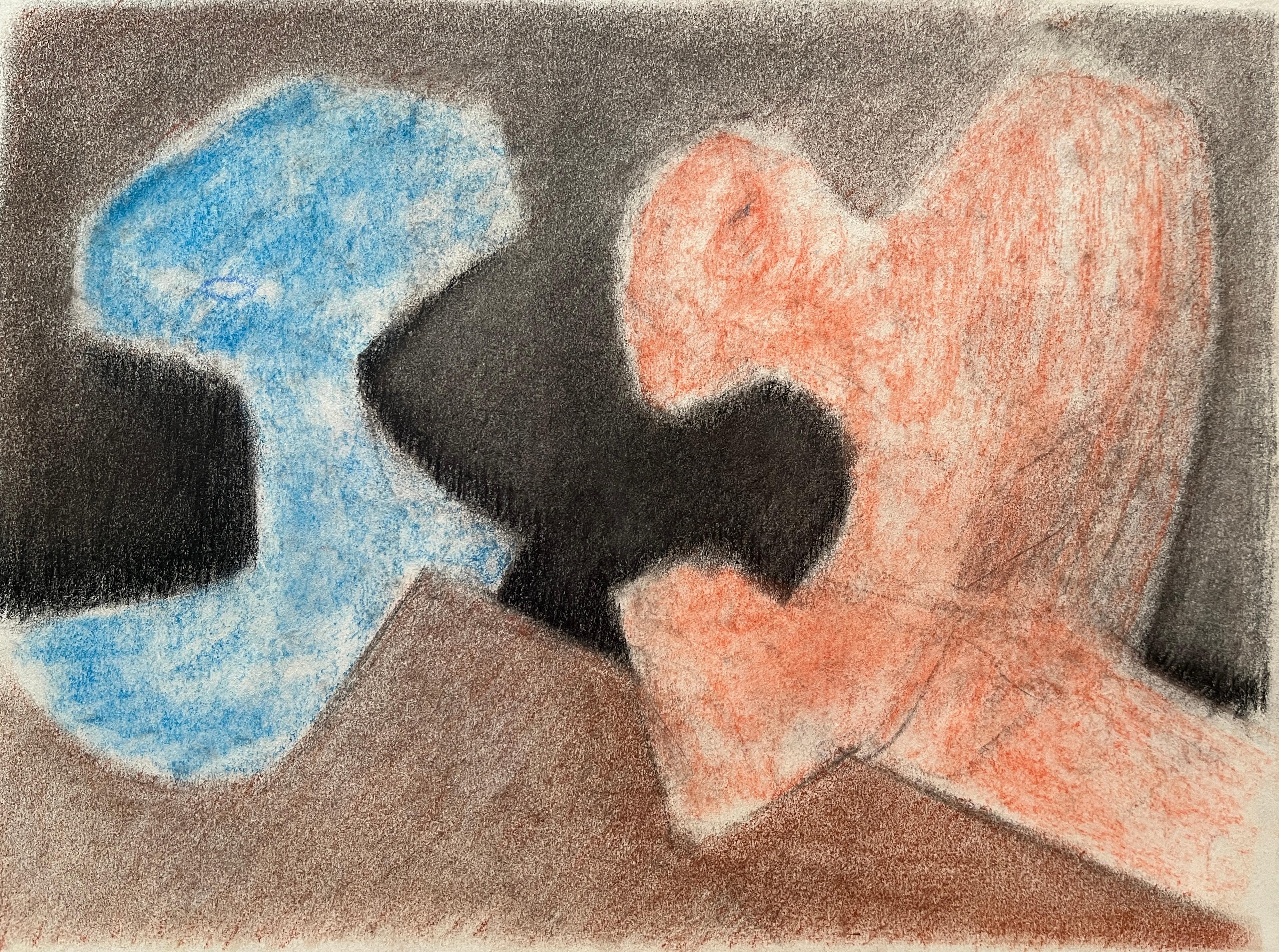 Dessin abstrait au pastel doux orange et bleu, 1981 - Géométrique abstrait Art par D. Tongen