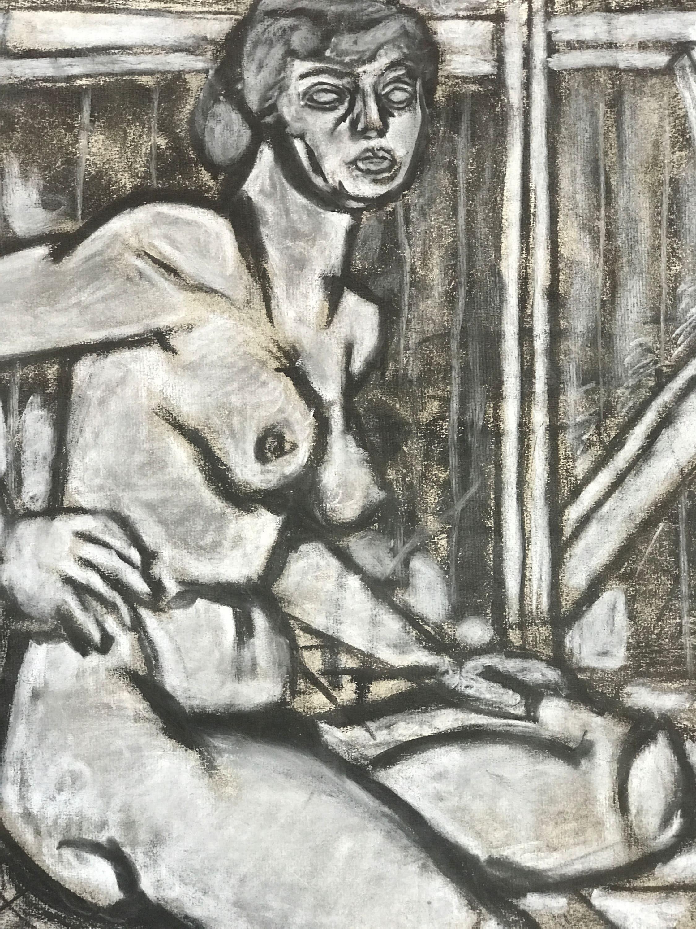 Dessin au fusain figuratif du milieu des années 1940 