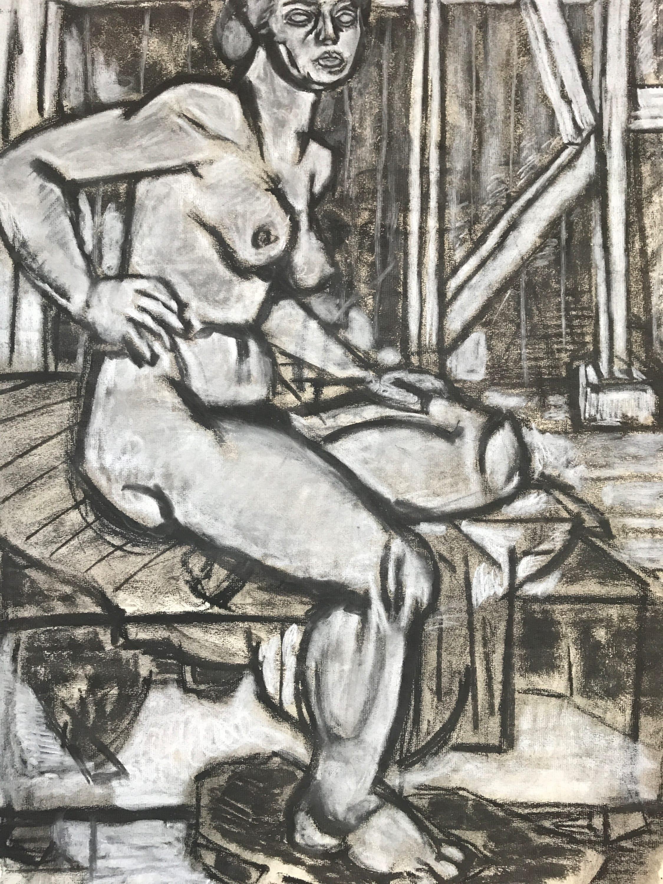Dessin au fusain figuratif du milieu des années 1940 
