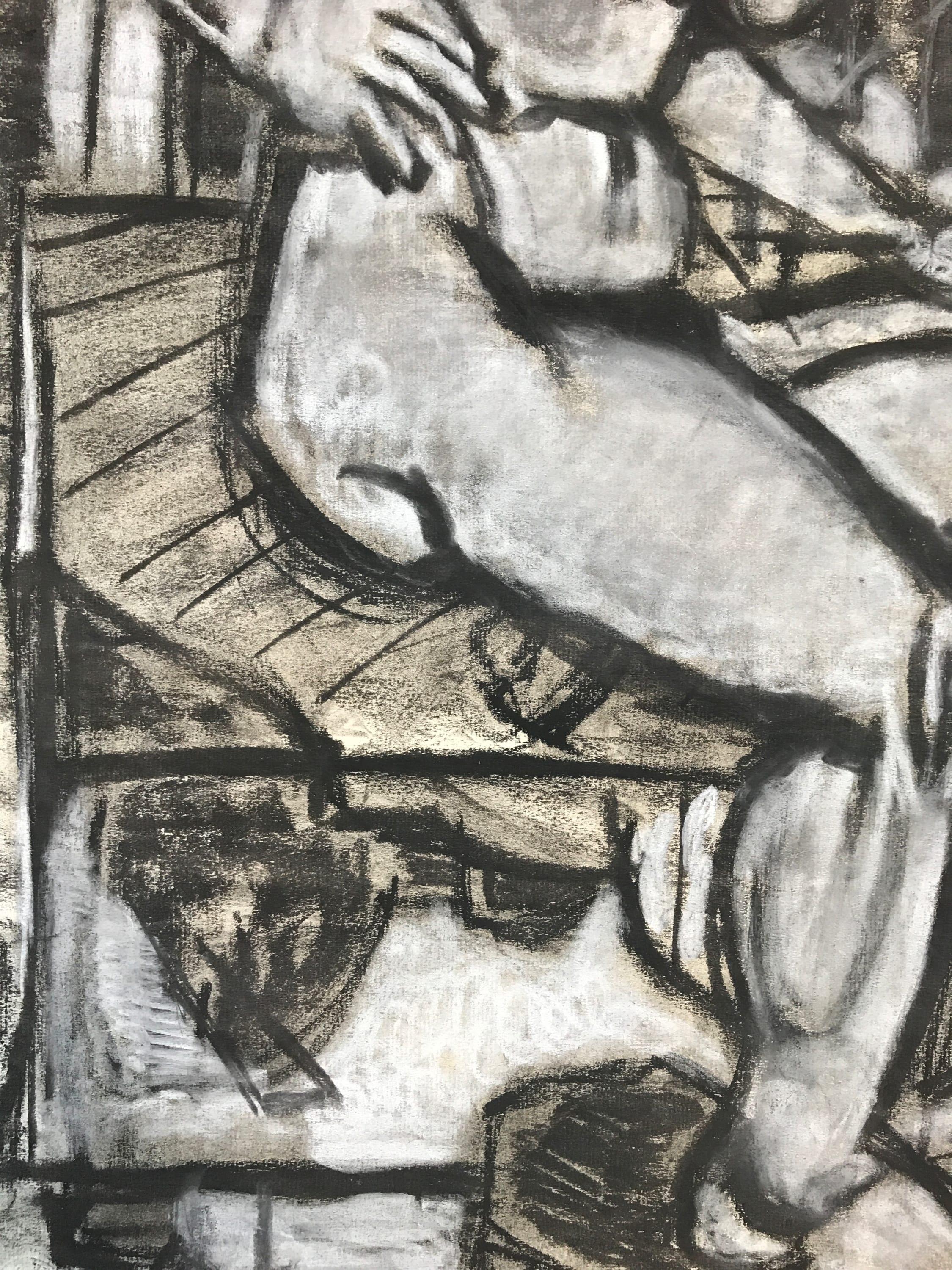 Dessin au fusain figuratif du milieu des années 1940 