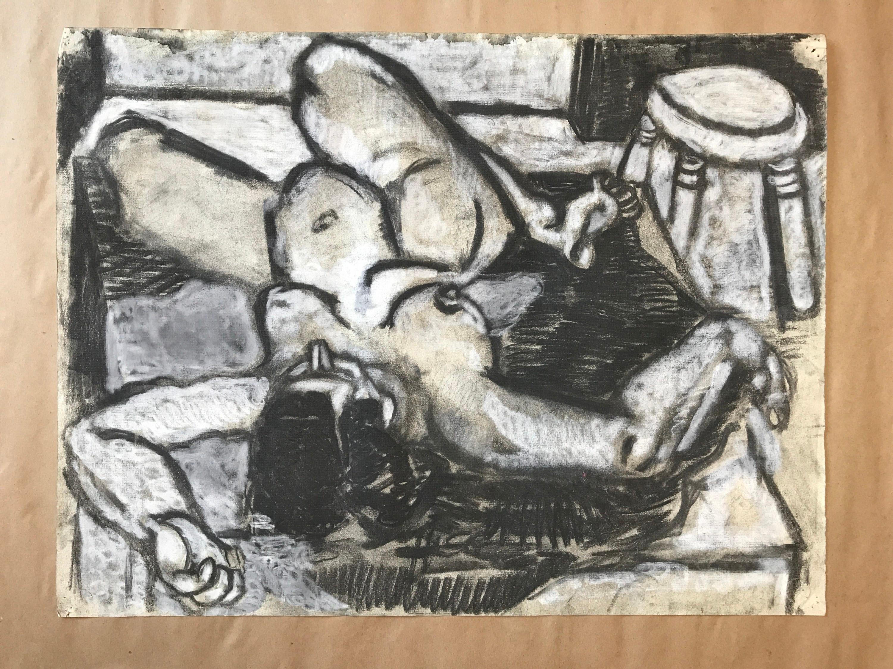 Dibujo figurativo al carboncillo de los años 40 "Cabello drapeado"