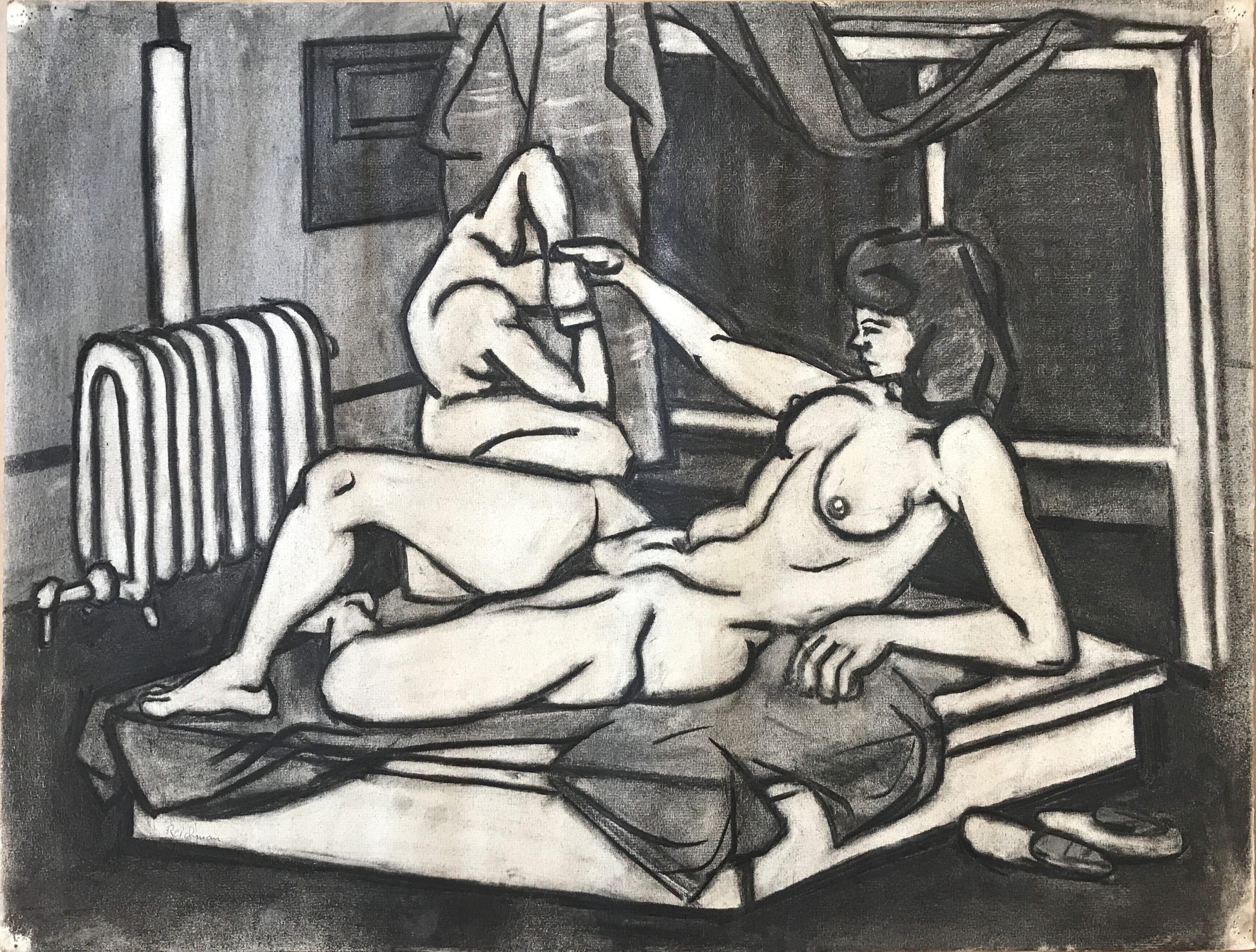 1940s Mid Century Dibujo figurativo al carboncillo "Desnudo sobre colchón"