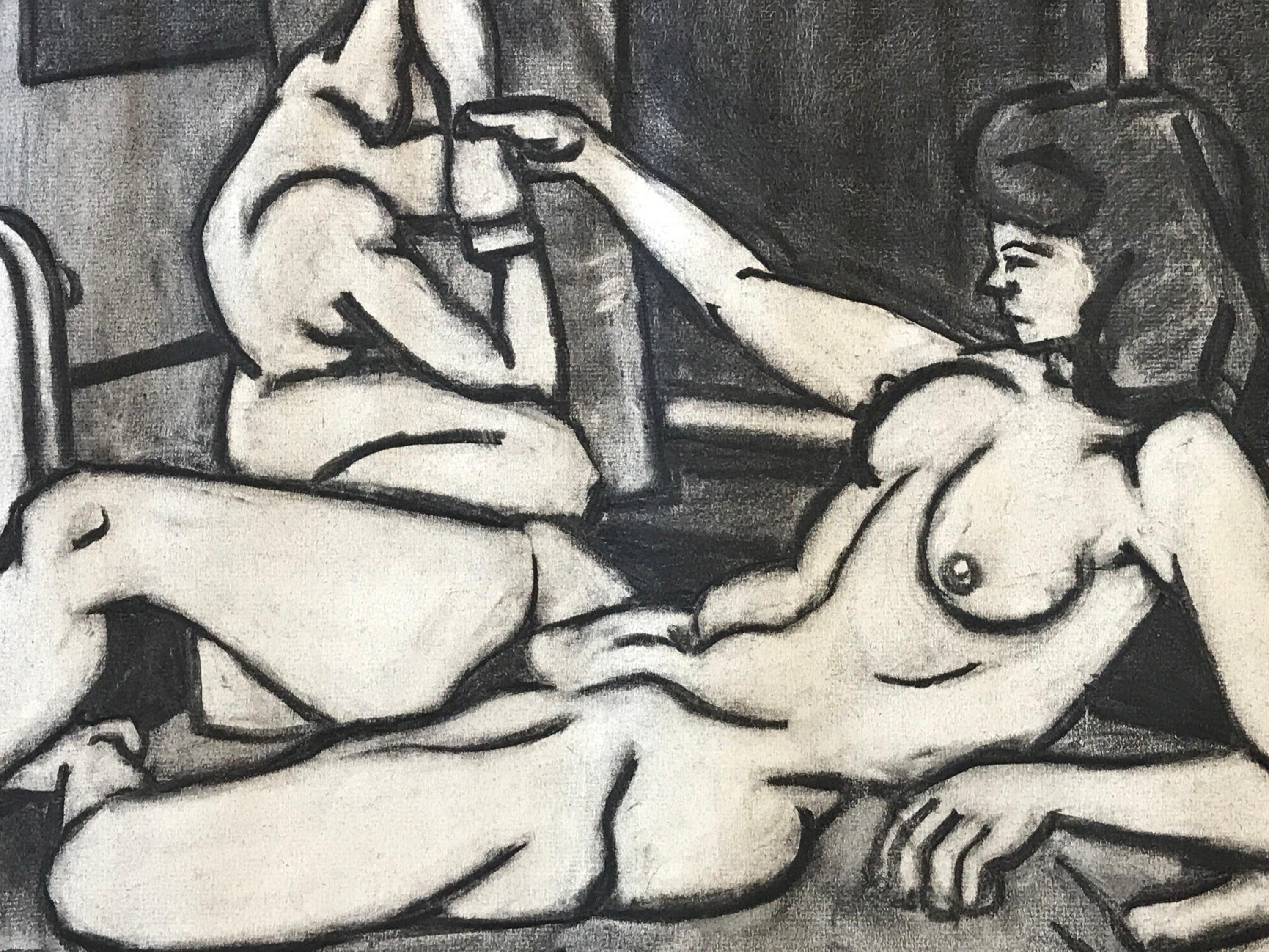 1940er Jahre Mid Century Figurative Kohlezeichnung 
