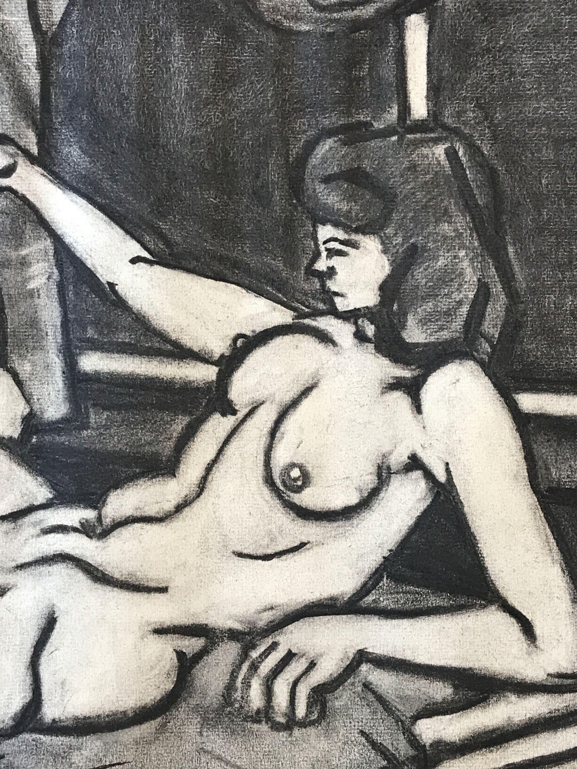 1940er Jahre Mid Century Figurative Kohlezeichnung 
