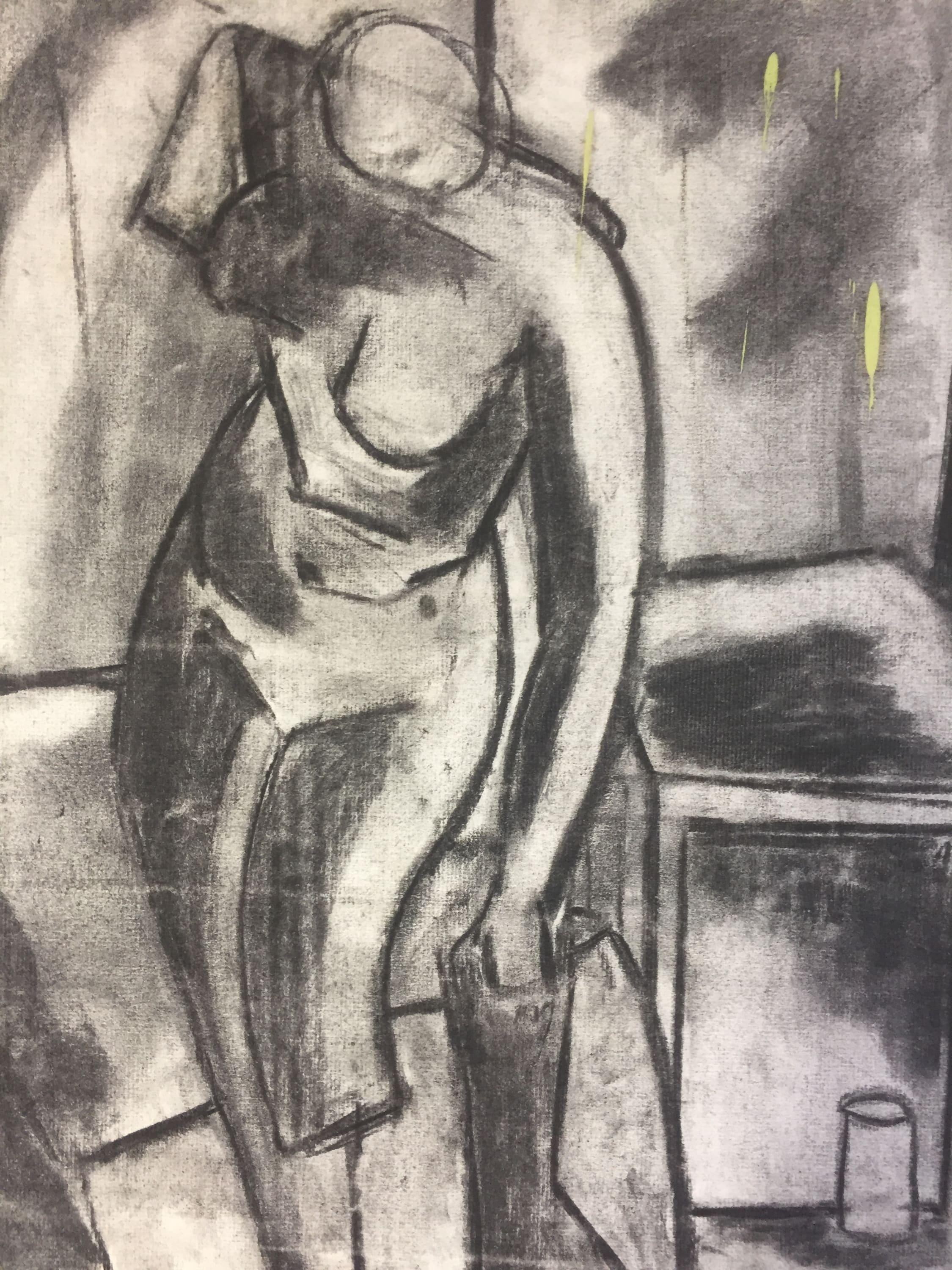 Holzkohlefarbene weibliche Aktzeichnung Bay Area Künstlerin, 1950er Jahre – Art von Henry Woon