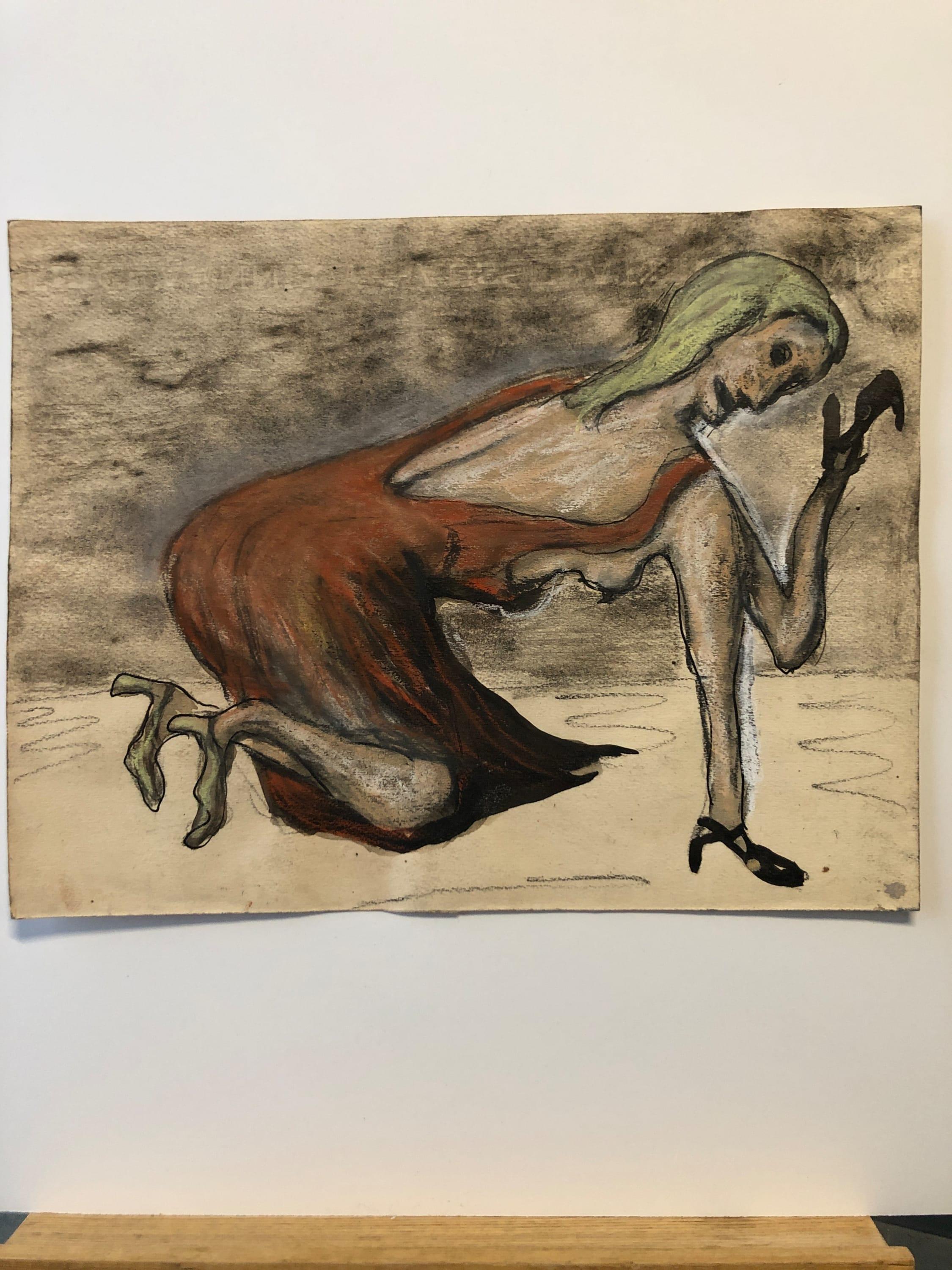Figura femminile di Bizare, lavata a inchiostro, originale dell'artista di New York, metà del secolo scorso
