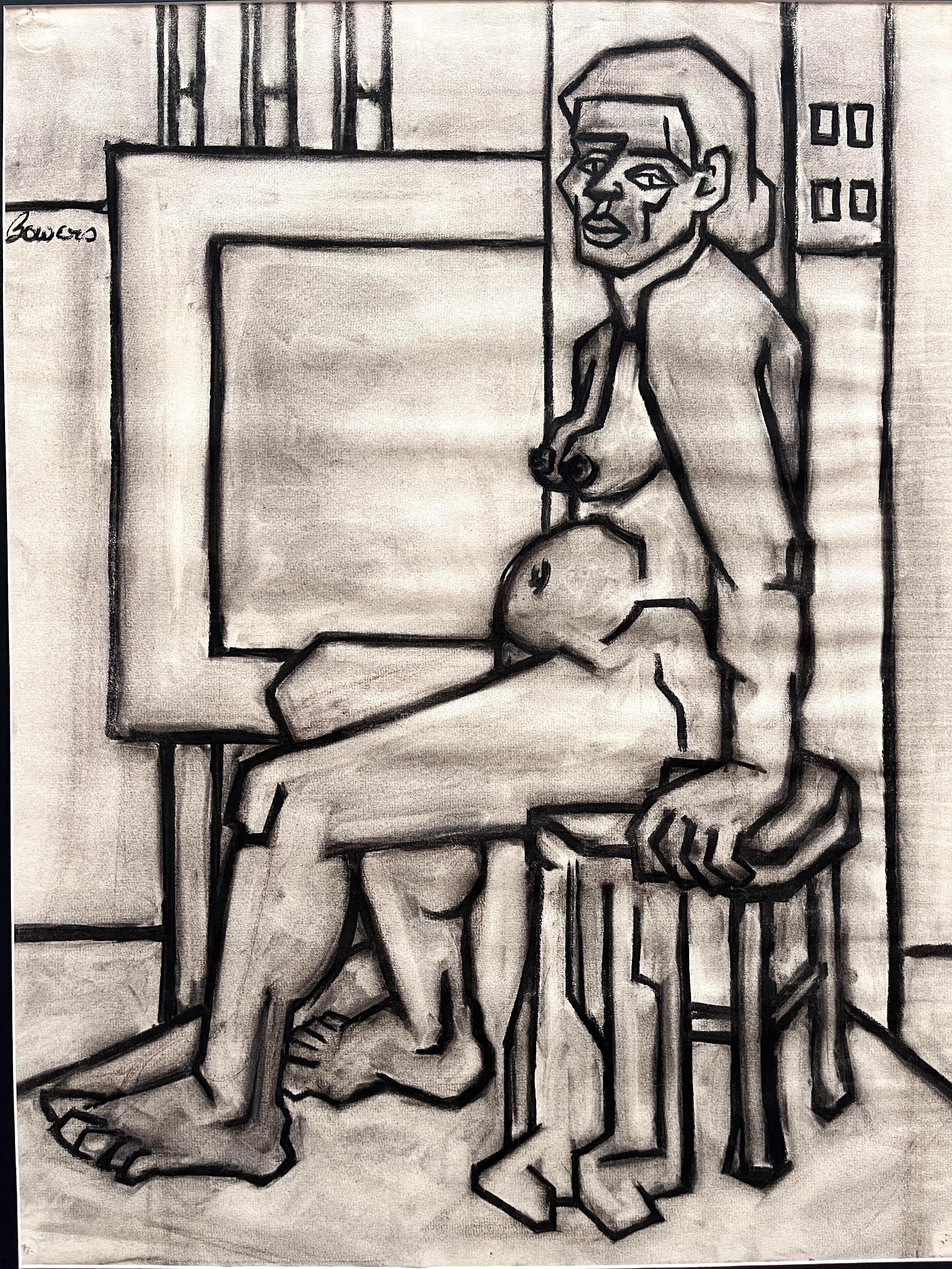 "Nu cubiste dans un Studio" Dessin au fusain des années 1940 Artiste de la région de Bay Area