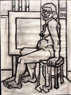 "Nu cubiste dans un Studio" Dessin au fusain des années 1940 Artiste de la région de Bay Area