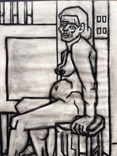 "Cubist Nude in Studio" 1940s Charcoal Drawing Bay Area Artist