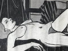 Lounging Nude Charcoal Drawing, 1940s, Unframed, 25"x19" Size