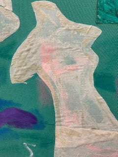 Green Abstract Fabric Collage, Signed, Circa 1970s, 46x34 Inches