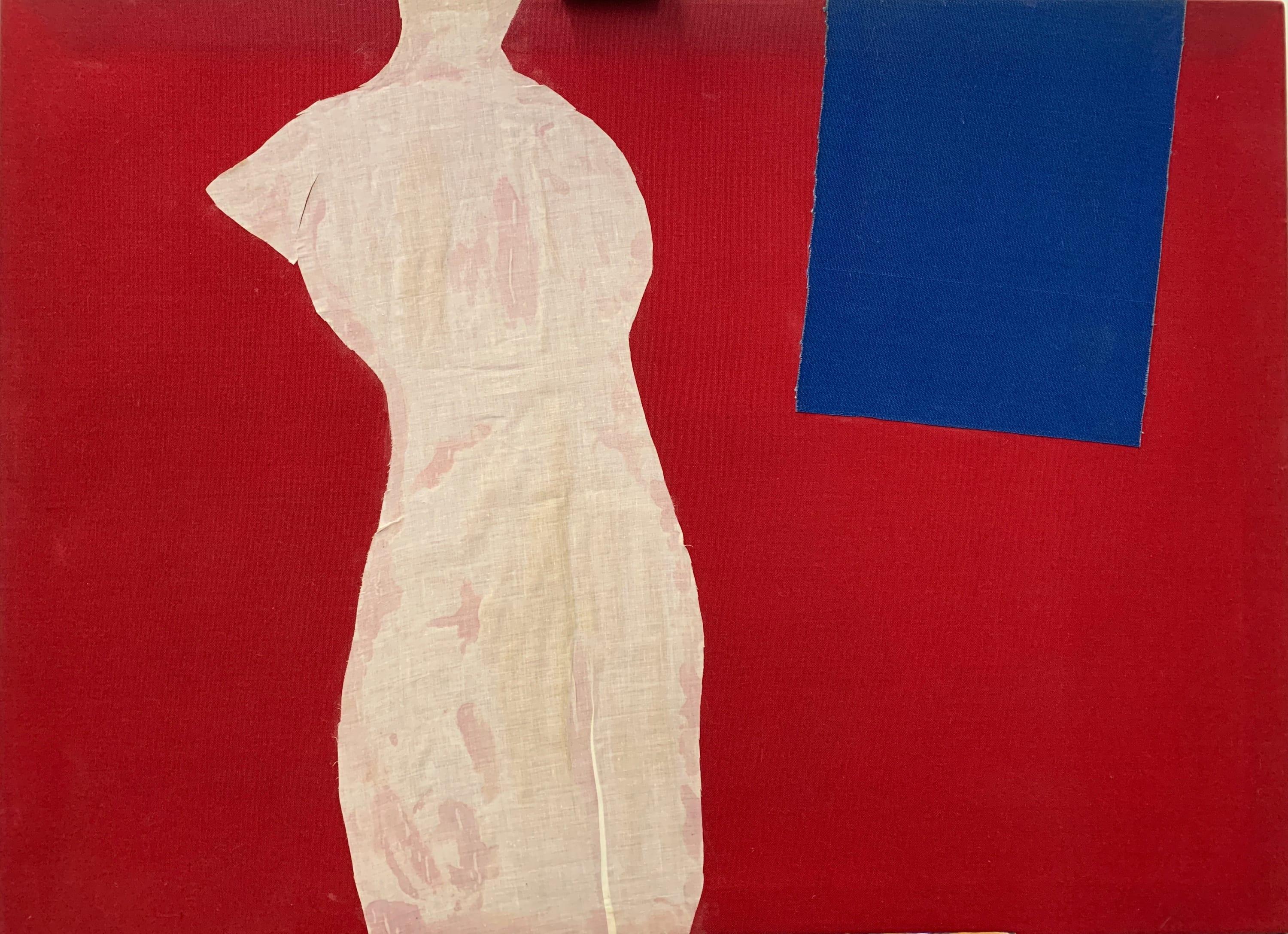 Red with Blue Fabric Collage, Abstract Style, 1970s, Unsigned, 38x28 - Art de Sylvia Rutkoff