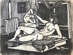 Nude on Mattress Charcoal Drawing, Signed, 1940s, 25x19 Inches