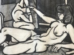 Nude on Mattress Charcoal Drawing, Signed, 1940s, 25x19 Inches