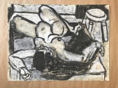 Draped Hair Charcoal Drawing, Cubist Style, 1940s, Unframed, 25x19"