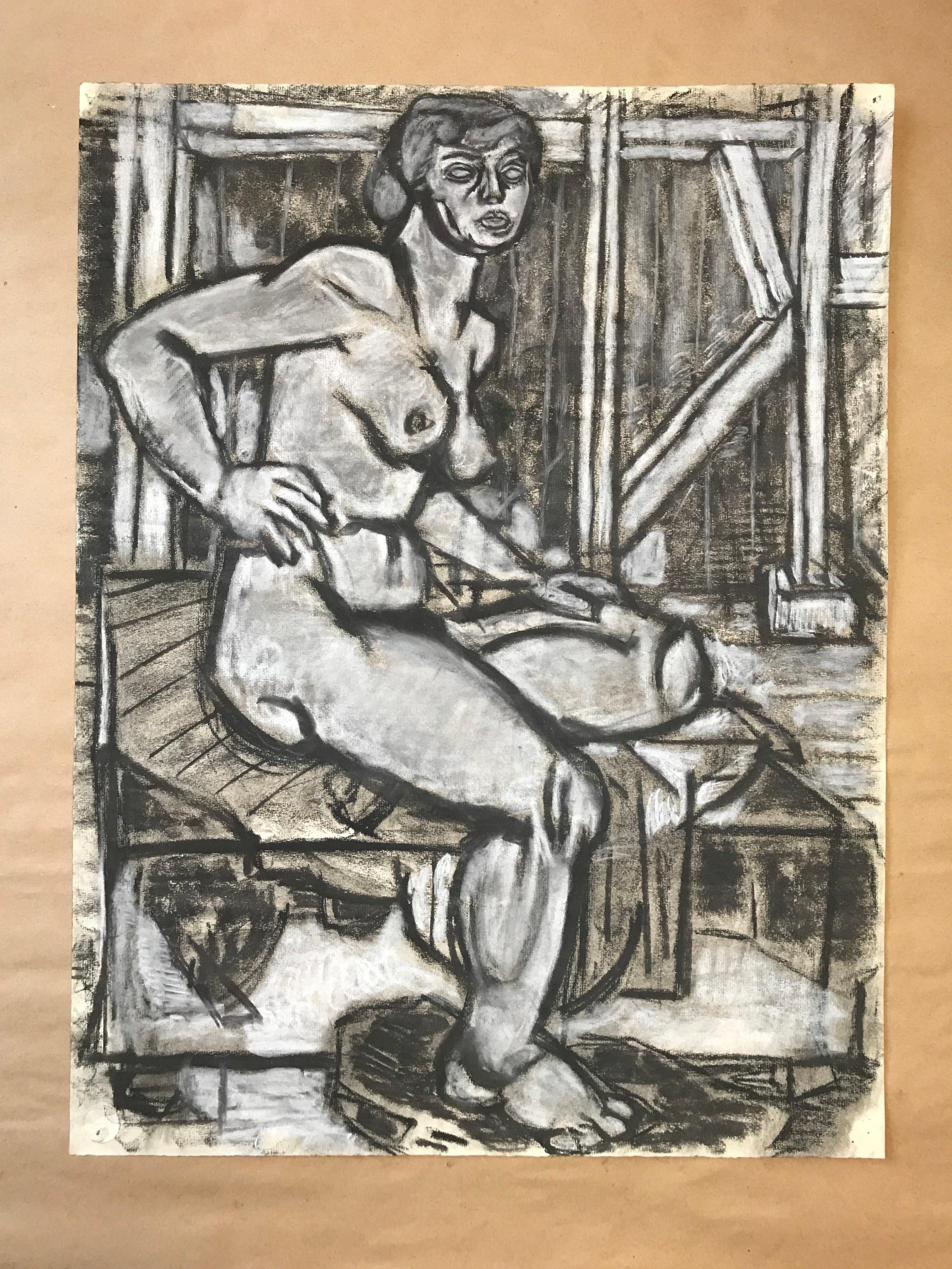 Nude in Barn, 1940s Charcoal Drawing on Paper, Unframed, 19"x25"