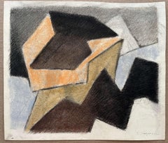 Orange, Brown, Black Soft Pastel Drawing, Cubist Style, 1980s, Signed
