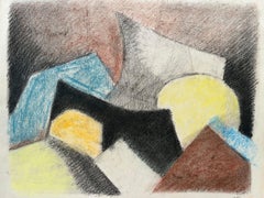 Jaune, bleu, noir Dessin au pastel doux, style cubiste, années 1980, signé