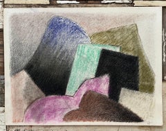 Pink, Blue, Mint, Black Soft Pastel Drawing, Cubist Style, 1980s