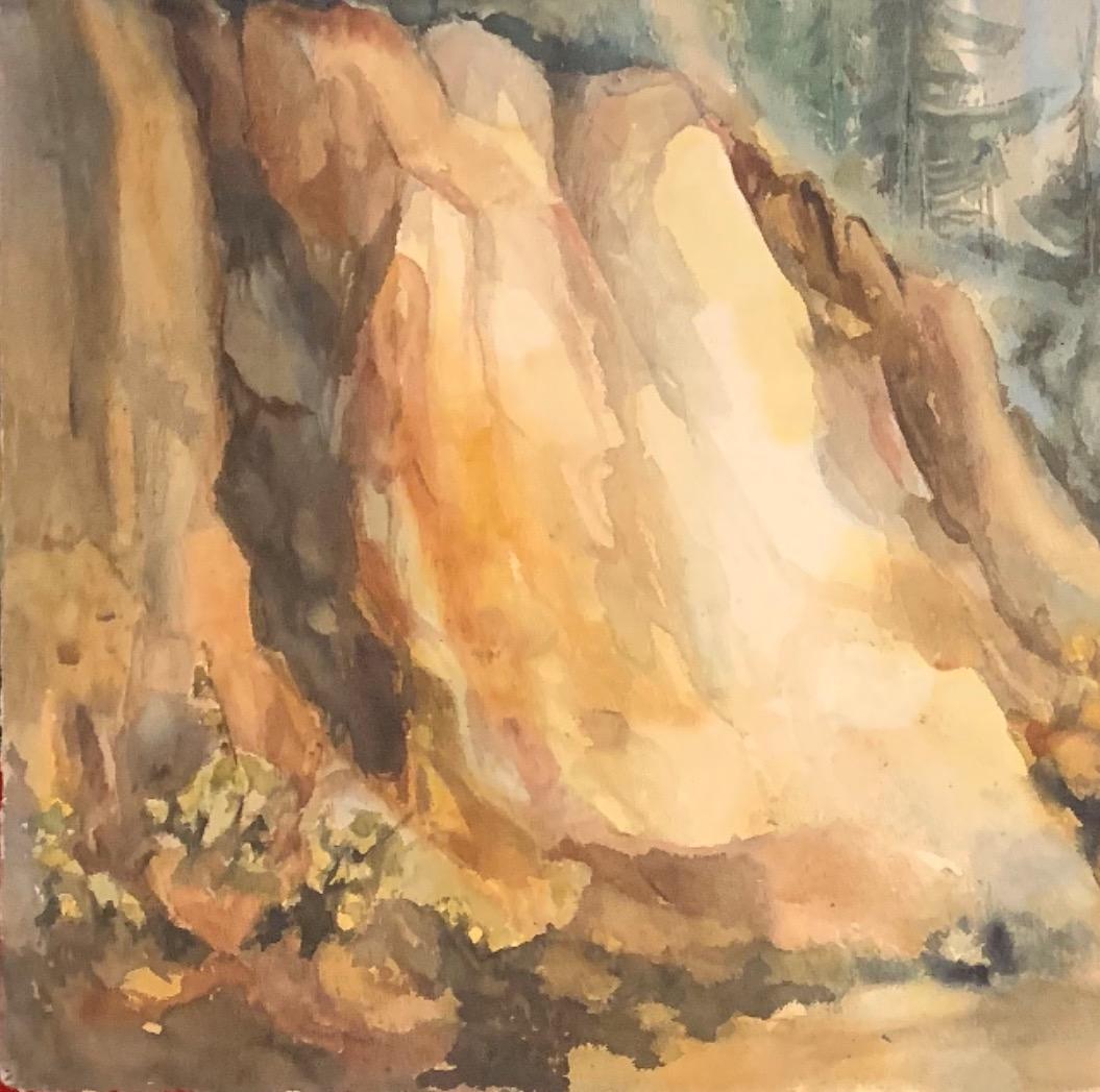 Aquarell-Landschaft „Mountain Side“ aus den 1960er Jahren, Kalifornien, Gold, Landleben, Mitte des Jahrhunderts  – Painting von Thelma Corbin Moody