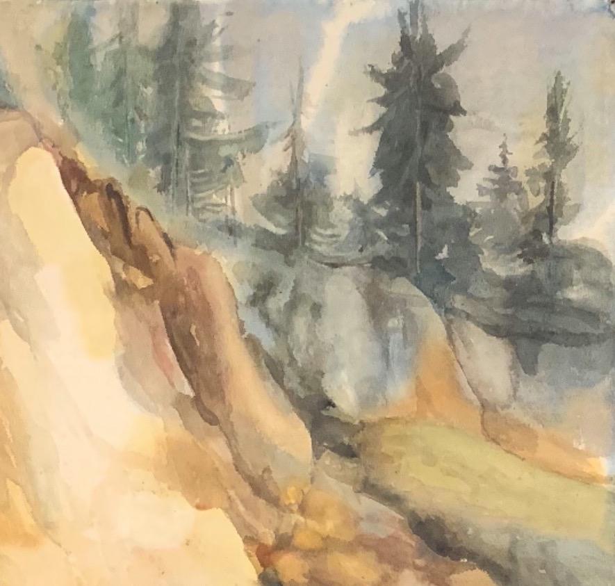 Aquarell-Landschaft „Mountain Side“ aus den 1960er Jahren, Kalifornien, Gold, Landleben, Mitte des Jahrhunderts  (Amerikanischer Realismus), Painting, von Thelma Corbin Moody