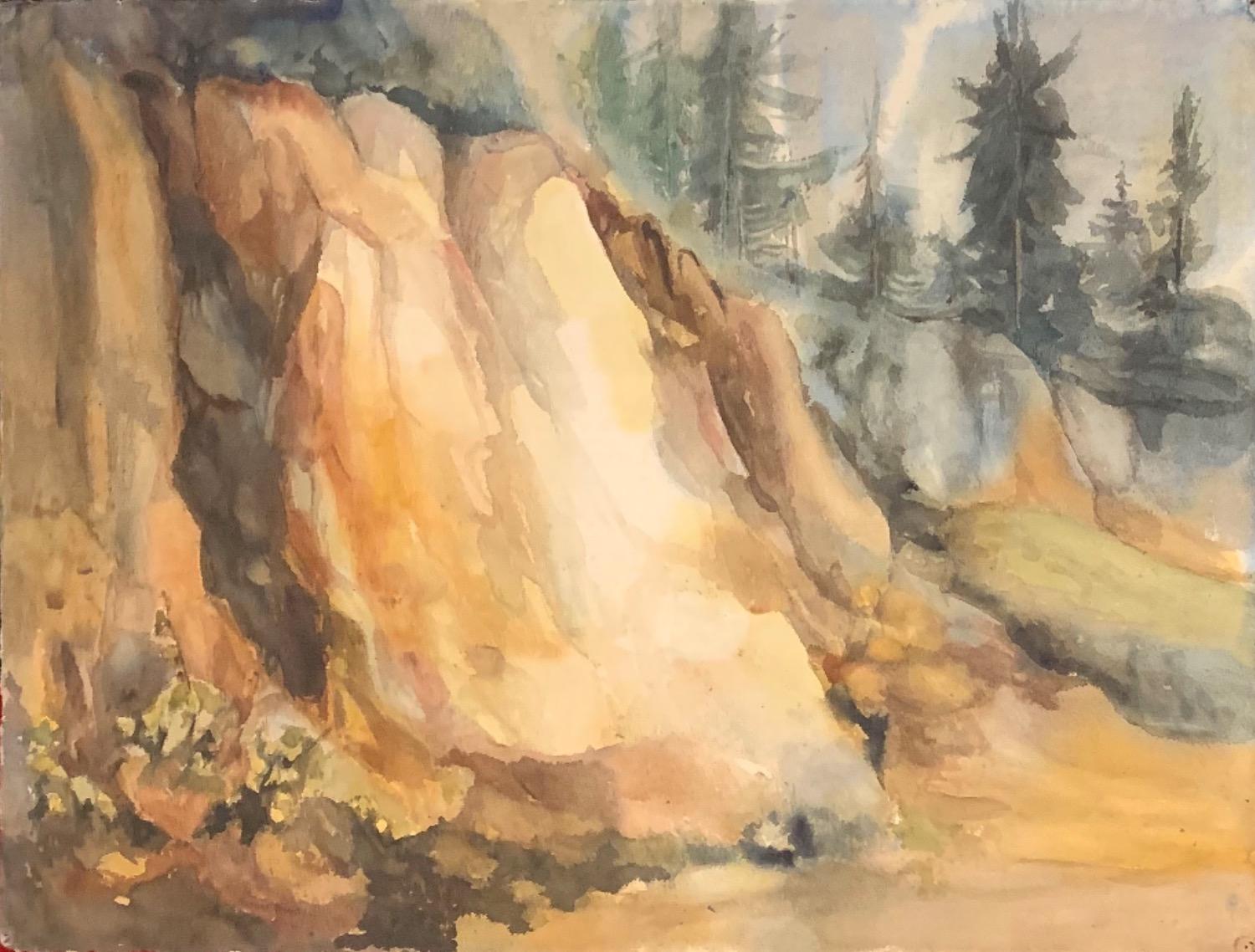 Aquarell-Landschaft „Mountain Side“ aus den 1960er Jahren, Kalifornien, Gold, Landleben, Mitte des Jahrhunderts  (Braun), Landscape Painting, von Thelma Corbin Moody