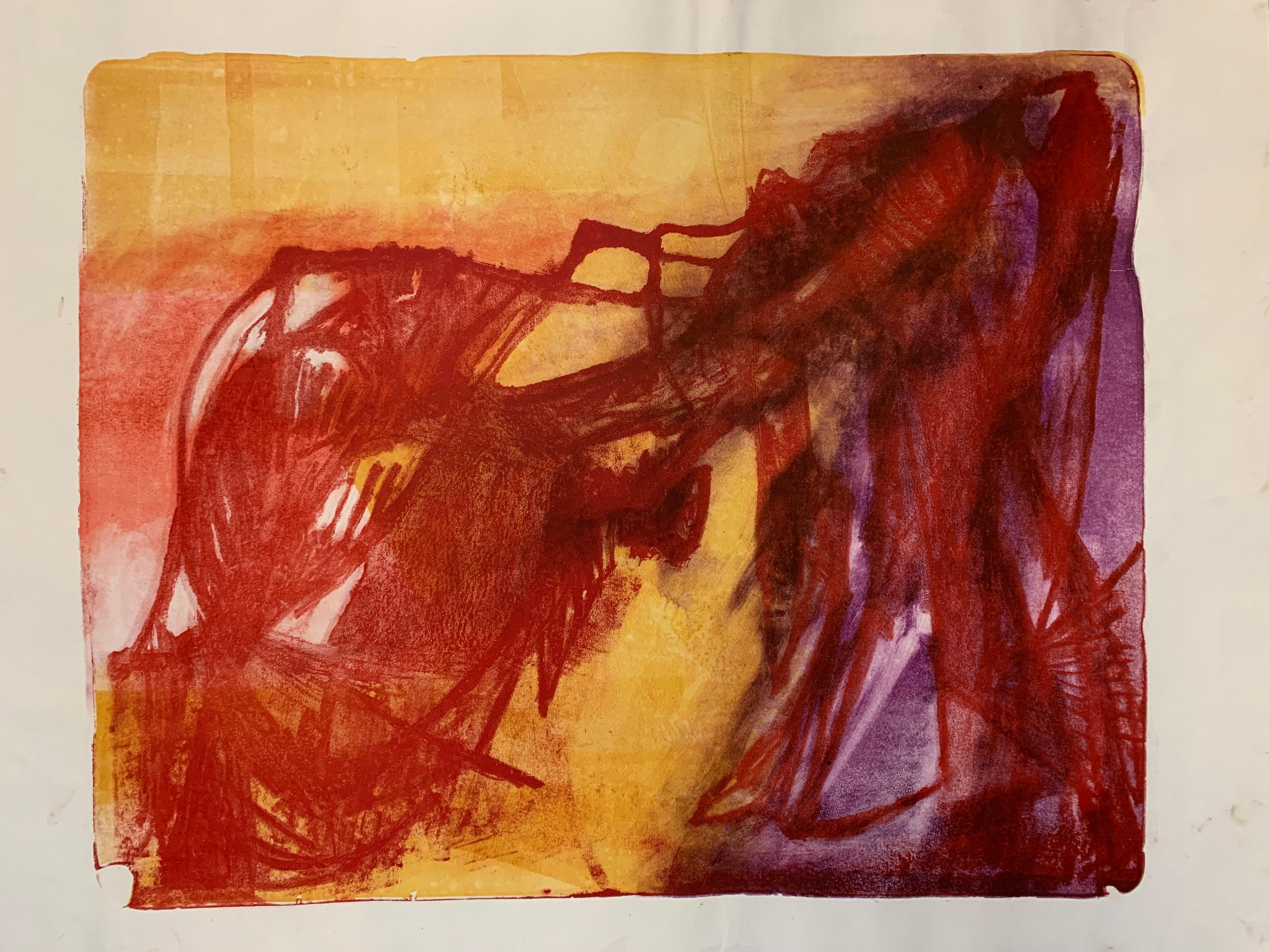 Gloria Dudfield Abstract Drawing - Mid Century "Sunburst" Stone Lithograph Abstract Bay Area Figurative Movement