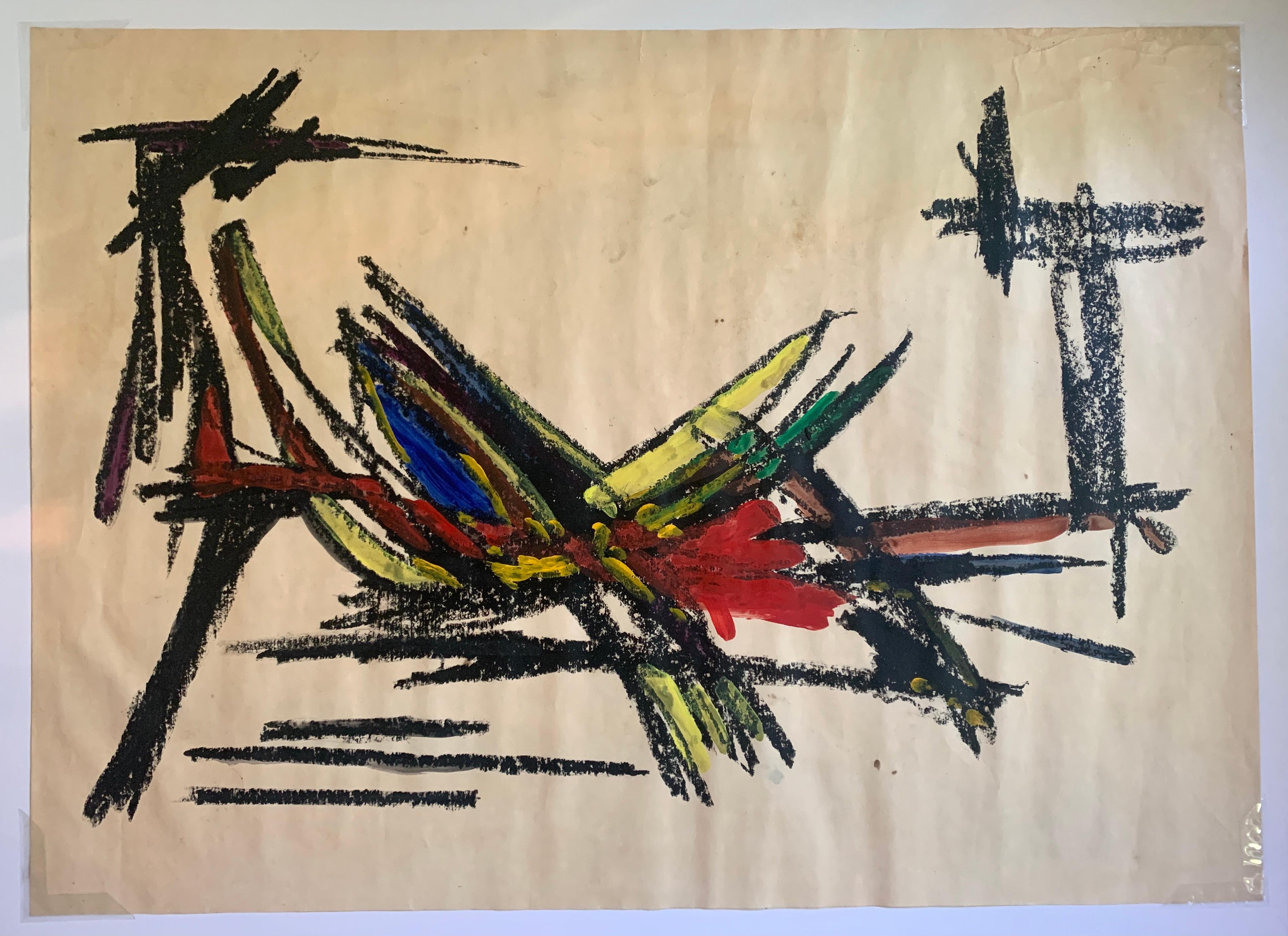 1960s "Fruit Bowl in Mexico" Gouache & Oil Pastel Abstract Mid Century 
