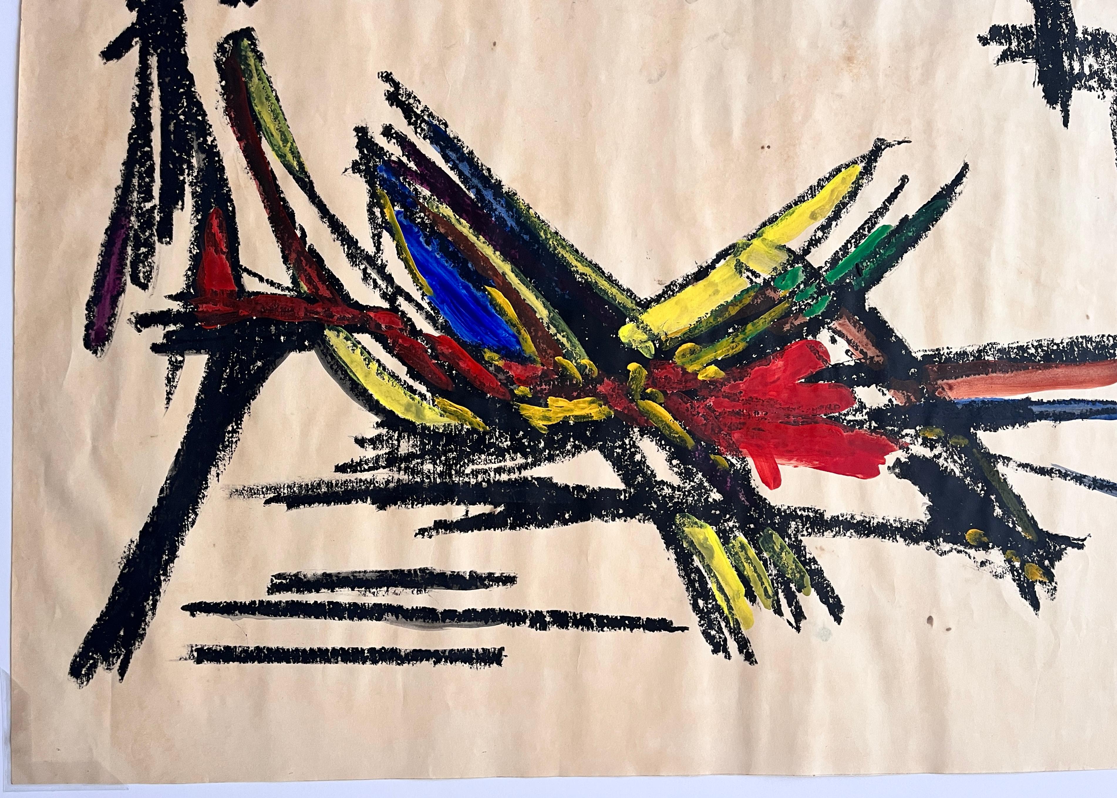 « Fruit Bowl in Mexico » des années 1960, gouache et huile pastel abstrait, milieu du siècle dernier en vente 4