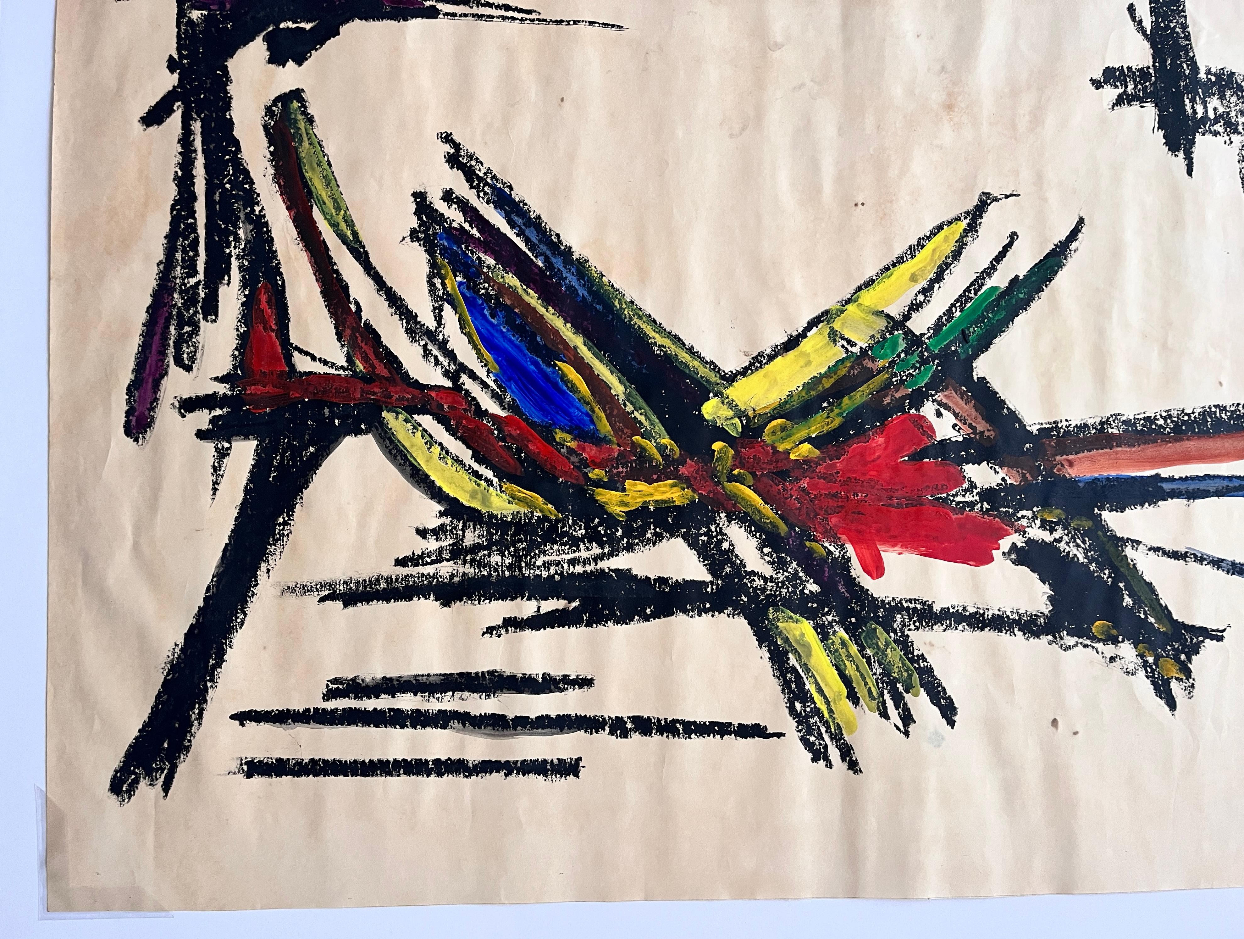 « Fruit Bowl in Mexico » des années 1960, gouache et huile pastel abstrait, milieu du siècle dernier en vente 5