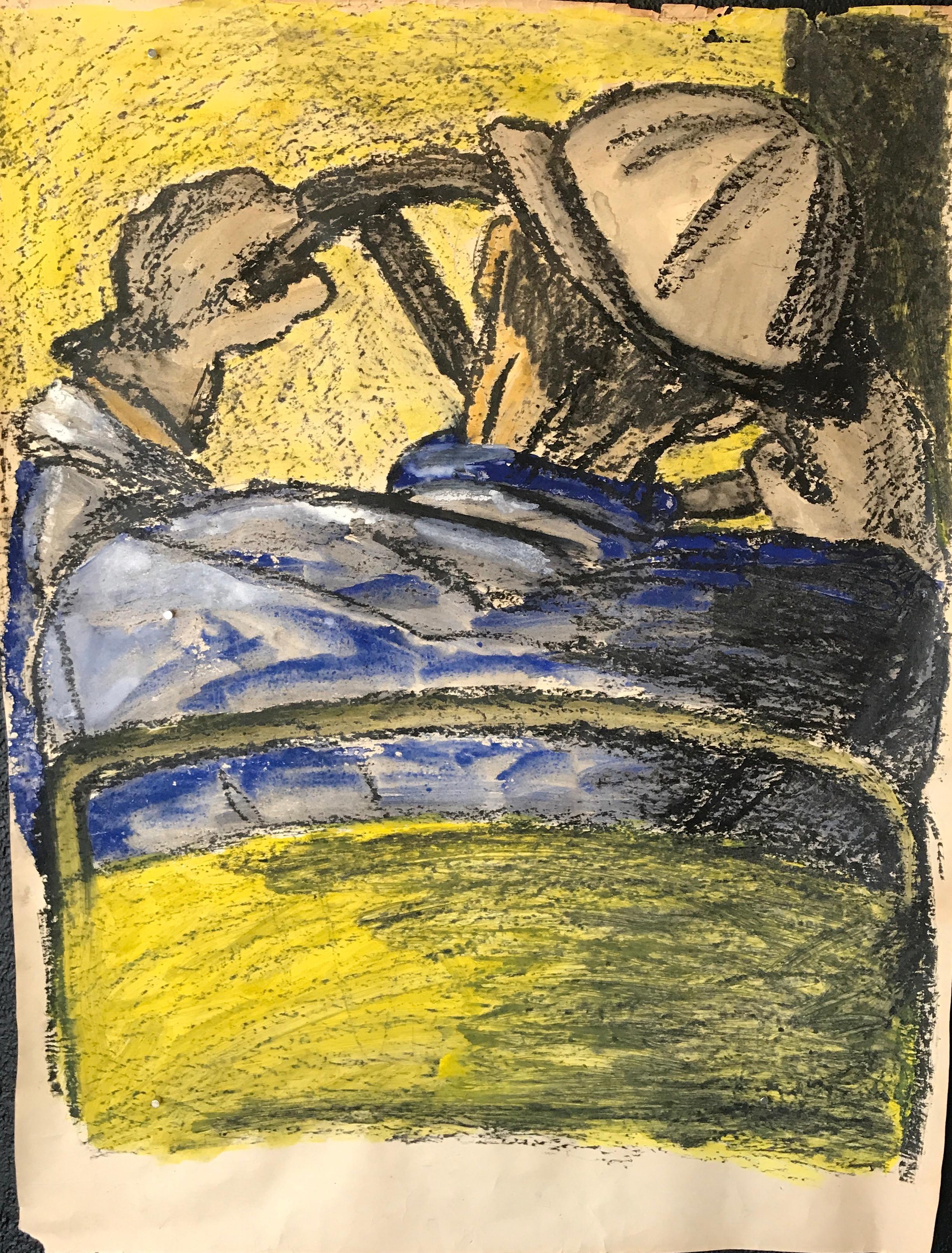 Mid Century "Driver with Hard Hat" Gouache and Oil Pastel Figurative 1960s SF