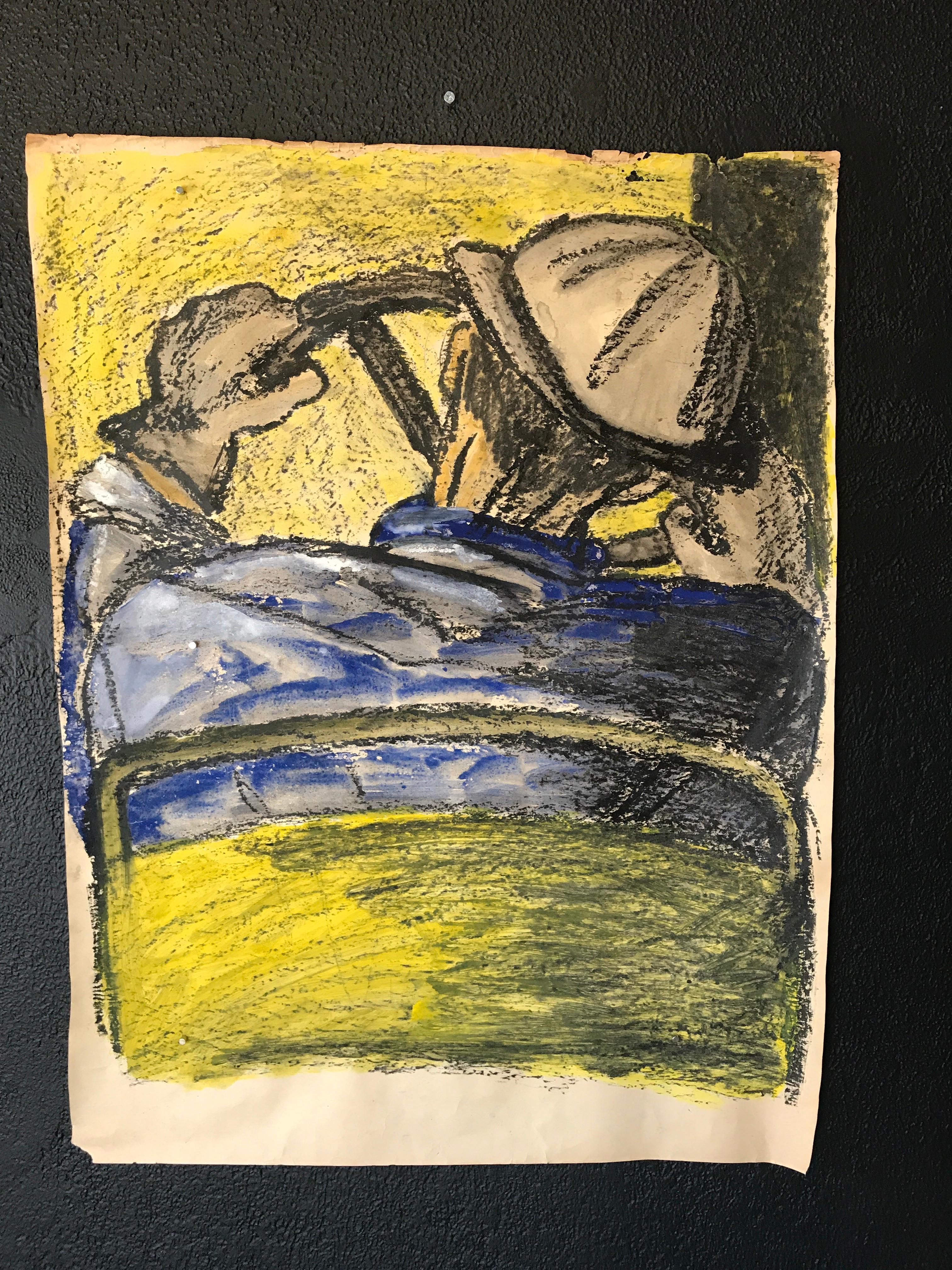 Figuratif du milieu du siècle dernier « Driver with Hard Hat » (driver avec chapeau dur) à la gouache et à l'huile au pastel, SF, années 1960 - Art de Gloria Dudfield