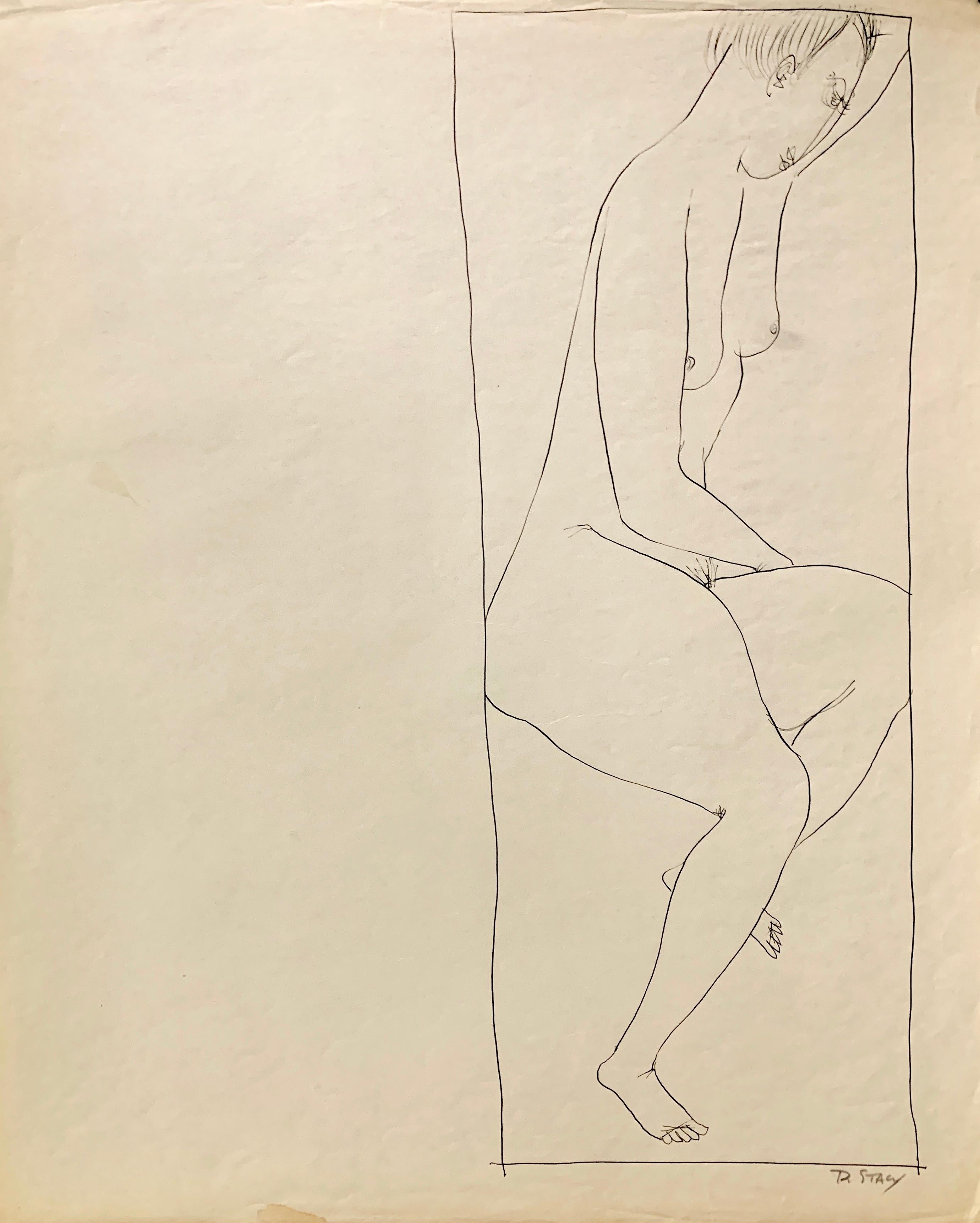 Nude Donald Stacy - 1950 "Hand Over Head I" Encre figurative du milieu du siècle Université de Paris
