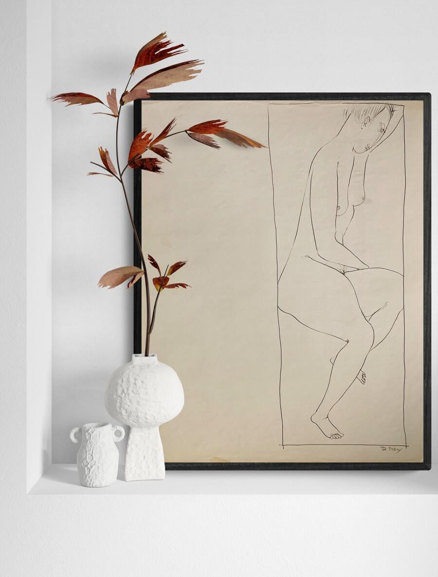 1950er Jahre „Hand Over Head I“ Figurative Tinte Universität von Paris, Mitte des Jahrhunderts (Beige), Nude, von Donald Stacy