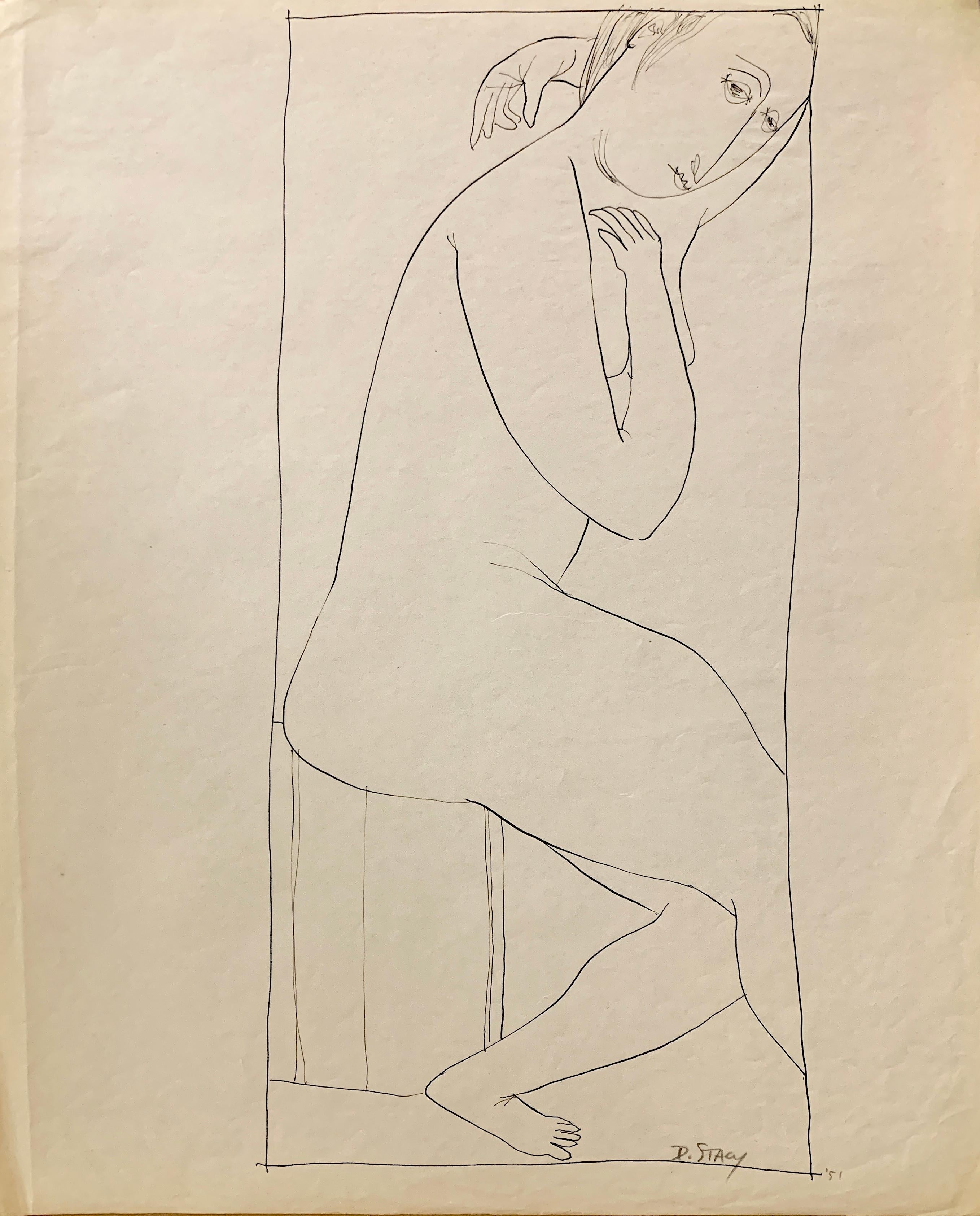 Donald Stacy Nude - 1950s "Hand Over Head II" Mid Century Figurative Ink University of Paris