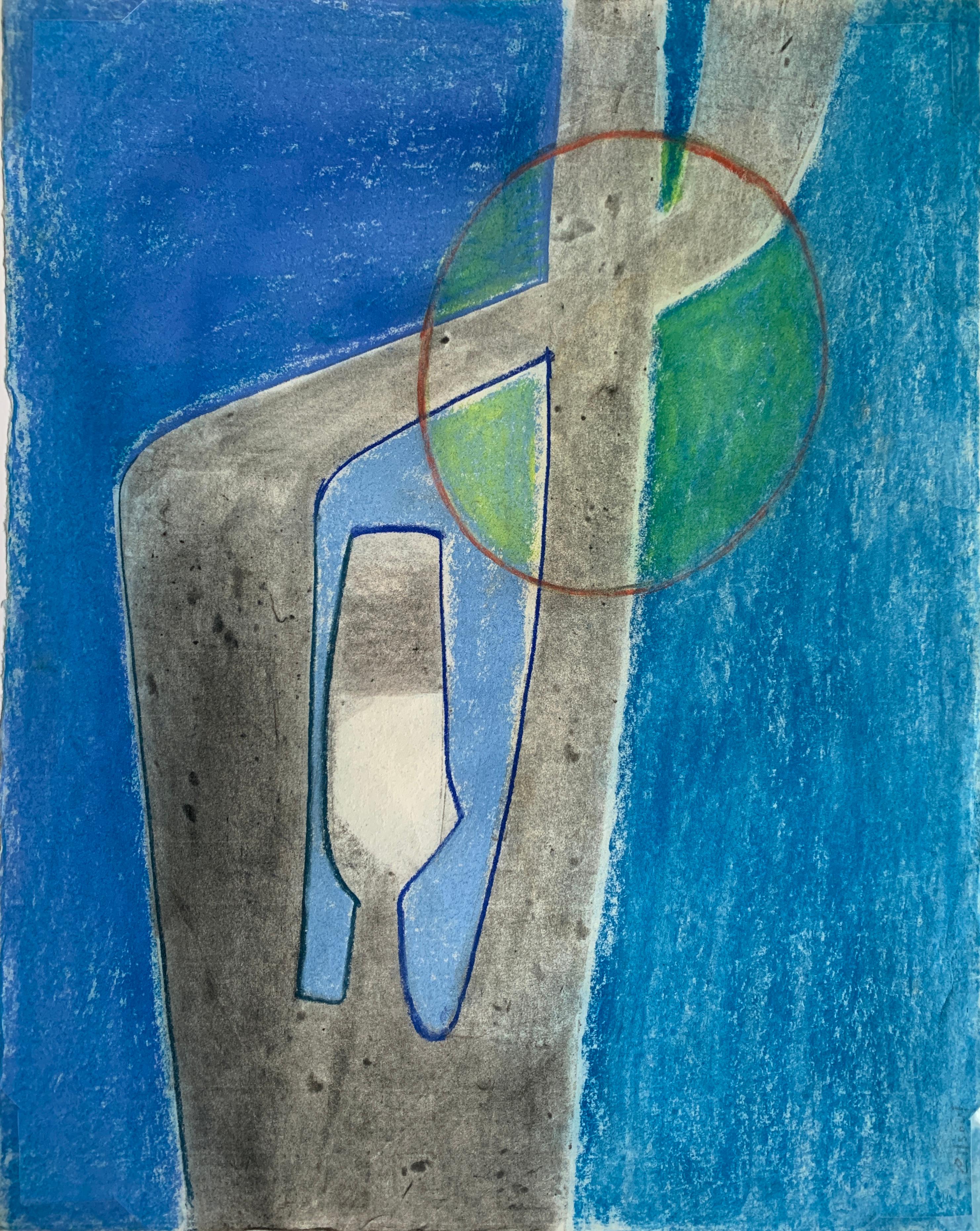 Benoît Gilsoul Figurative Art - 1970s  "Abstract Blue Figure" Pastel Drawing Benoit Gilsoul