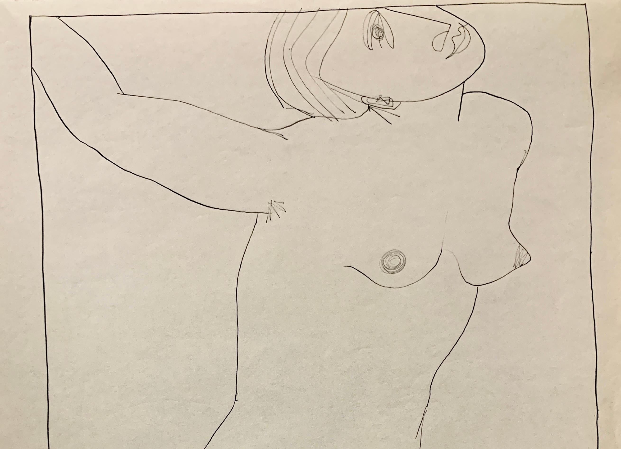 Encre figurative « Looking Up » de l'artiste new-yorkais du milieu des années 1950 - Beige Nude par Donald Stacy