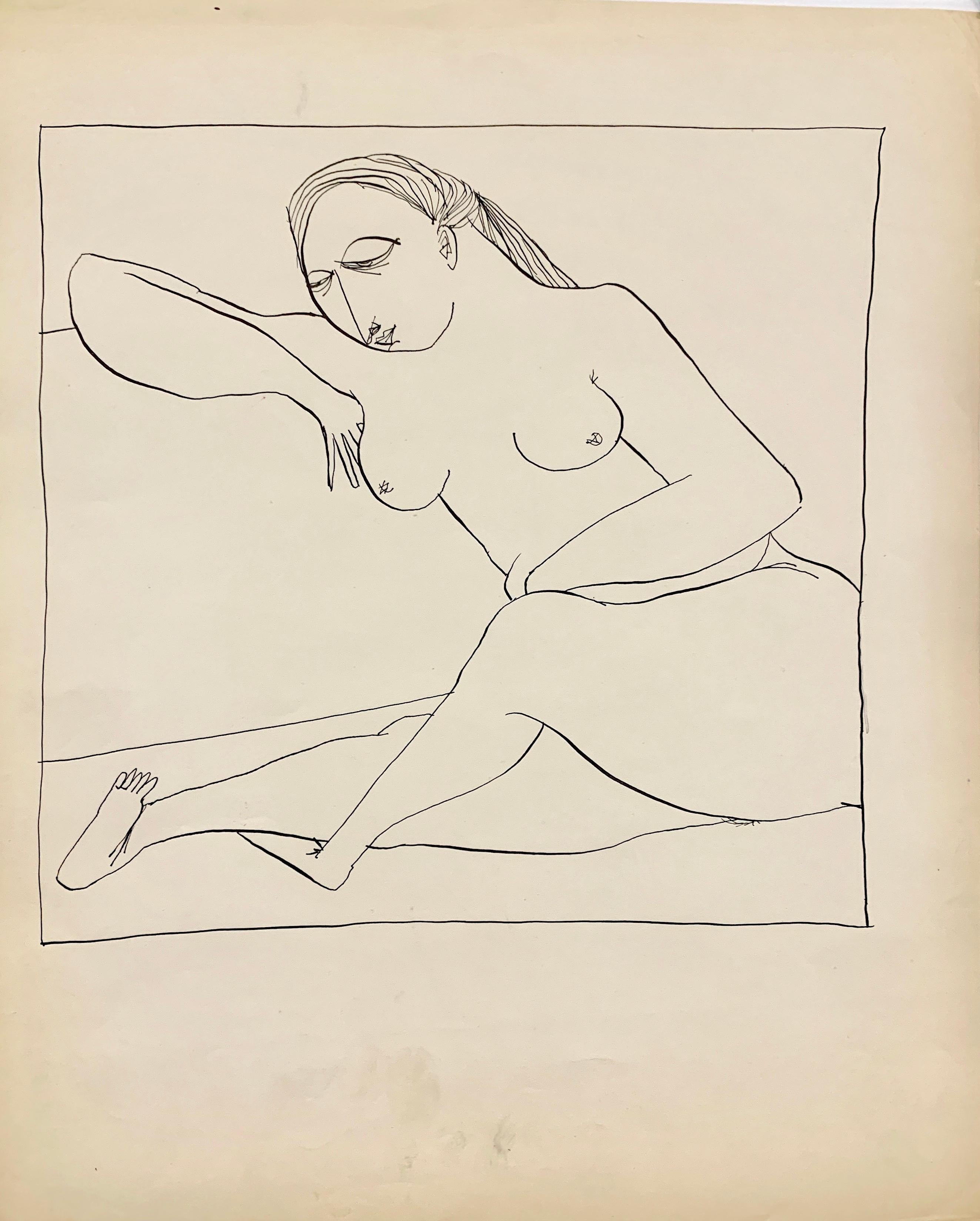 Drawing à l'encre figurative « Lounge » de l'artiste new-yorkais du milieu du siècle dernier, années 1950 